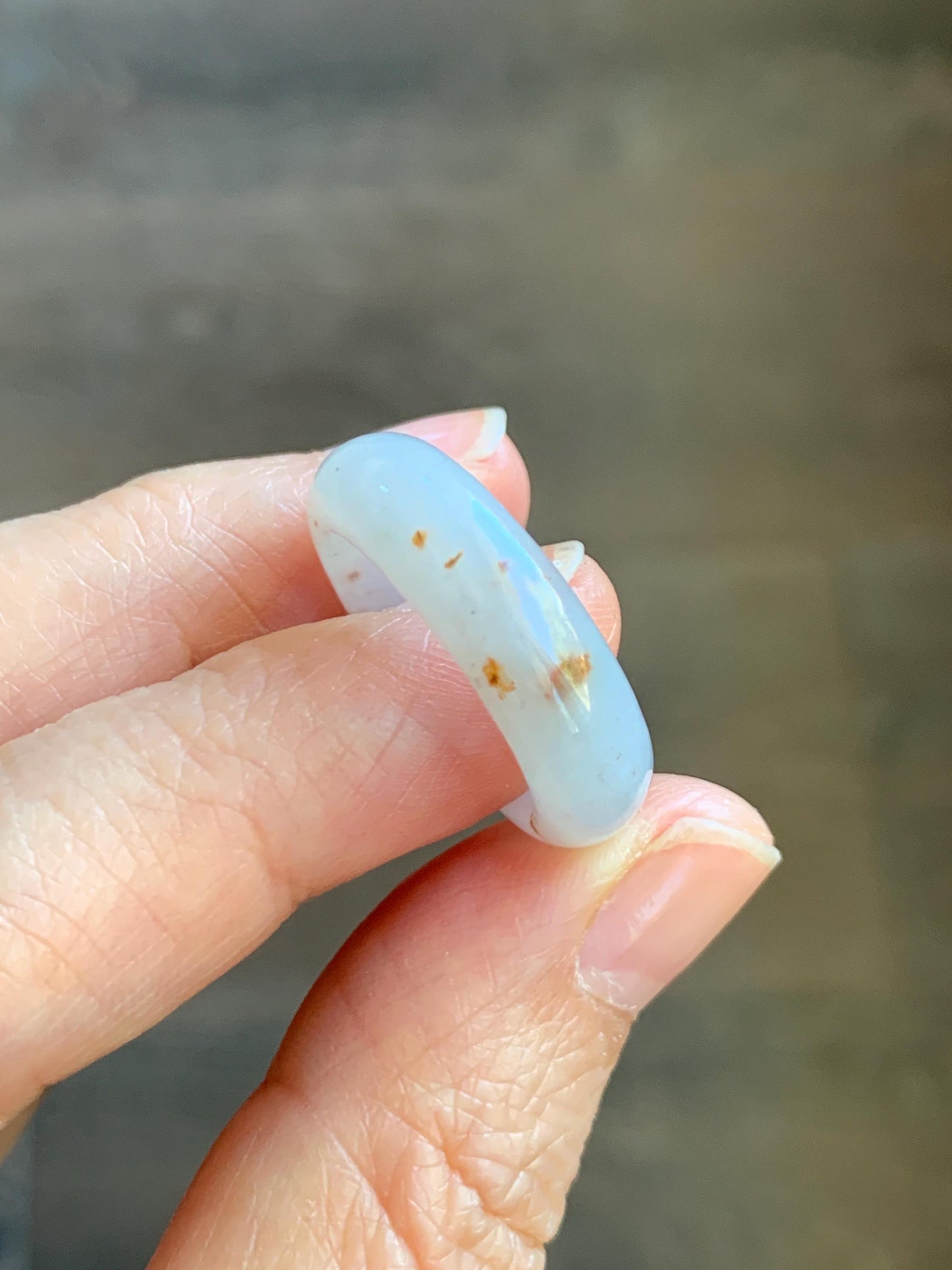 Natural Grade A Icy Translucent White & Golden Brown Marbled Jade Jadeite Band Ring Size 7.5 US 5g 天然冰胶白翡翠撒金戒圈 BSJ100