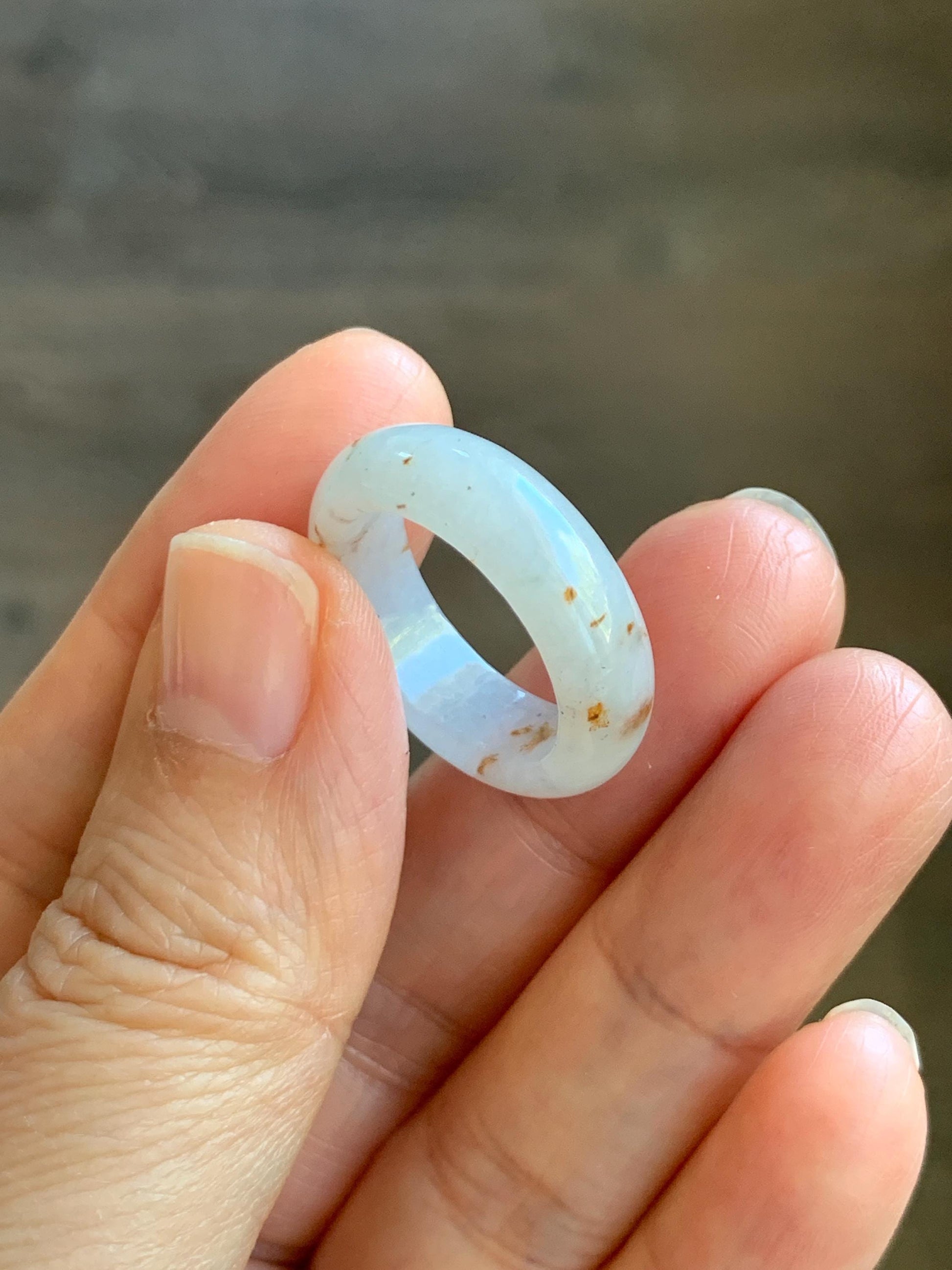 Natural Grade A Icy Translucent White & Golden Brown Marbled Jade Jadeite Band Ring Size 7.5 US 5g 天然冰胶白翡翠撒金戒圈 BSJ100