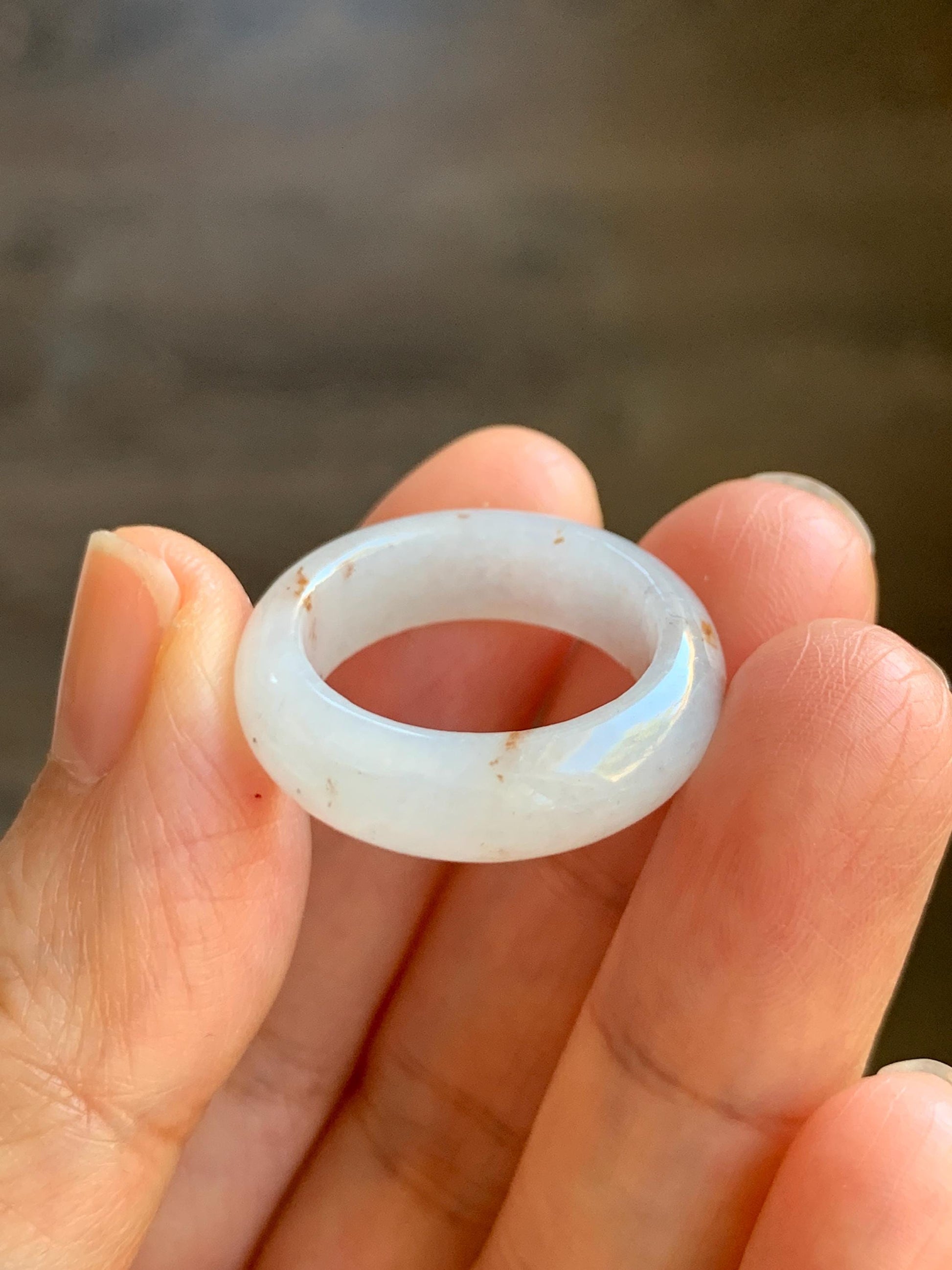 Natural Grade A Icy Translucent White & Golden Brown Marbled Jade Jadeite Band Ring Size 7.5 US 5g 天然冰胶白翡翠撒金戒圈 BSJ100