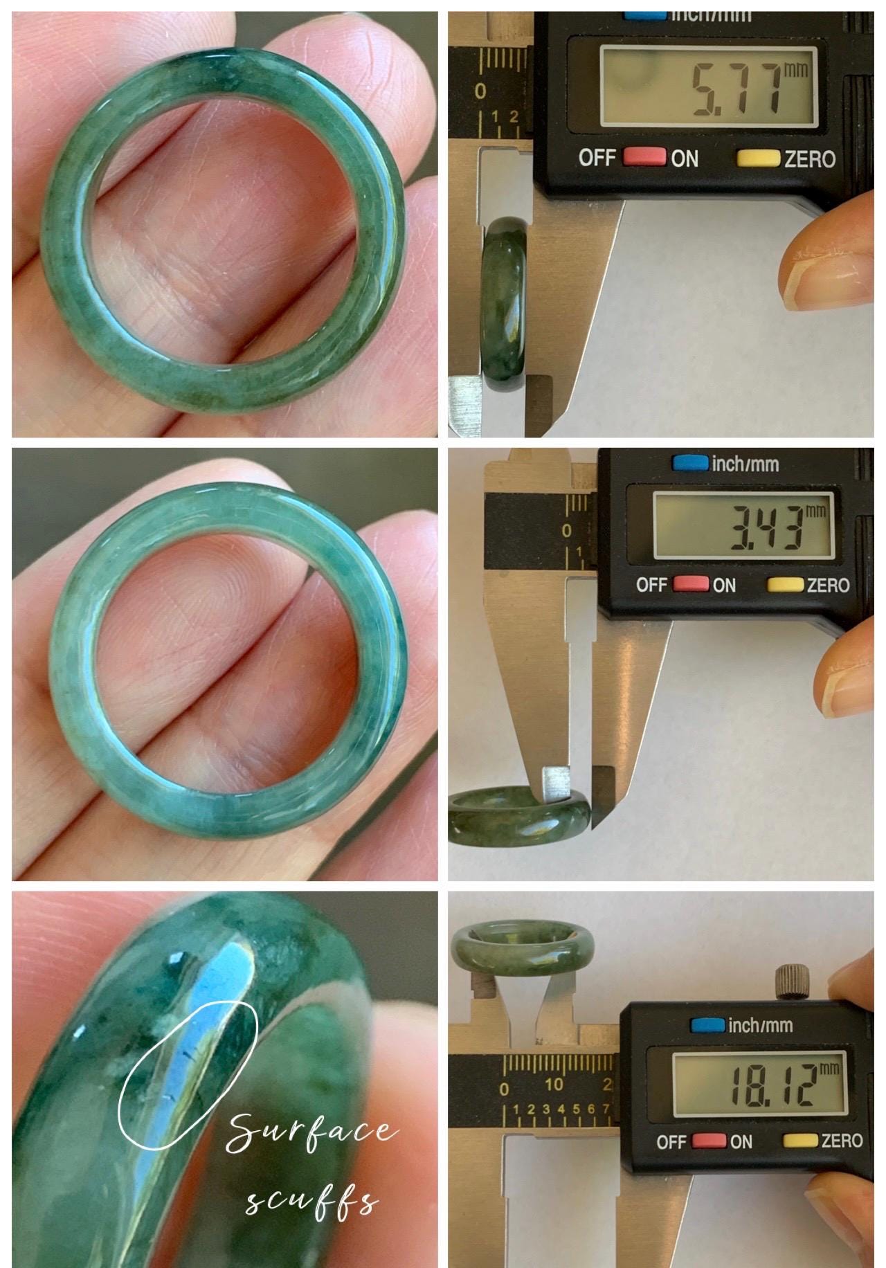 Natural Grade A Icy Translucent Olive Green Marbled Jade Jadeite Band Ring Size 7.75 US 3g 天然暗绿飘花翡翠戒圈 MAL66