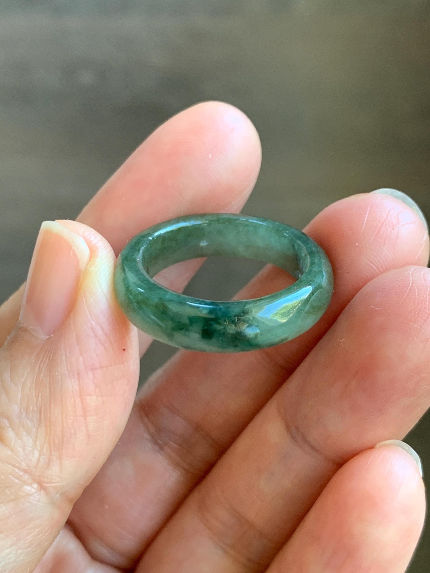 Natural Grade A Icy Translucent Olive Green Marbled Jade Jadeite Band Ring Size 7.75 US 3g 天然暗绿飘花翡翠戒圈 MAL66
