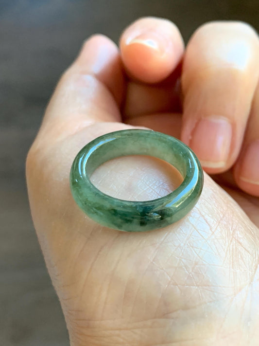 Natural Grade A Icy Translucent Olive Green Marbled Jade Jadeite Band Ring Size 7.75 US 3g 天然暗绿飘花翡翠戒圈 MAL66