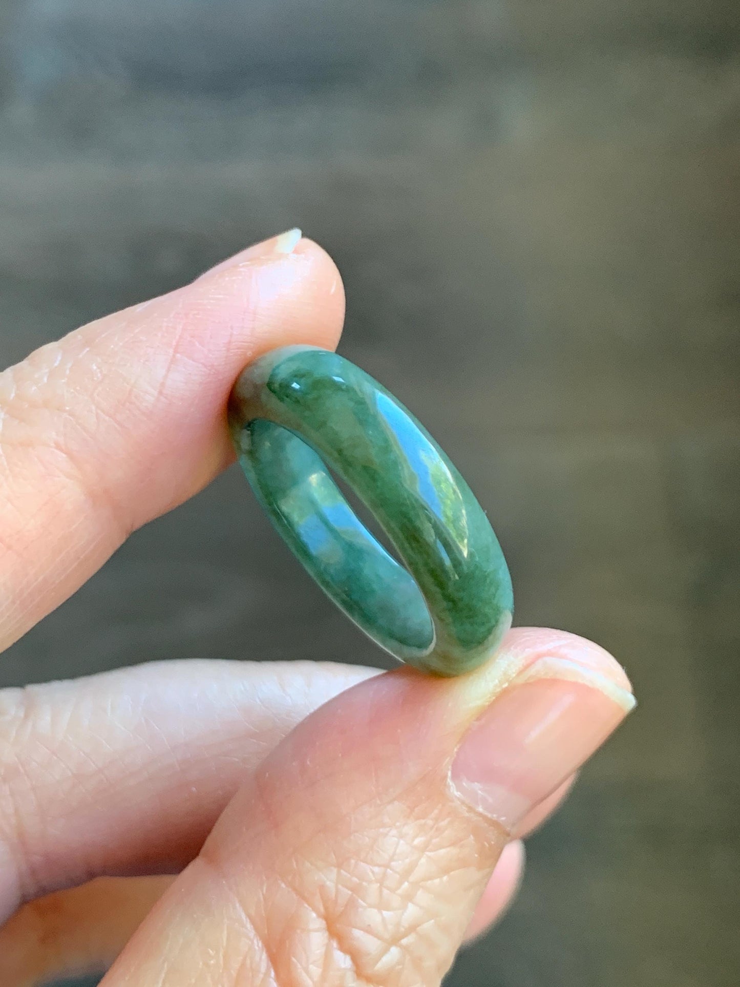 Natural Grade A Icy Translucent Olive Green Marbled Jade Jadeite Band Ring Size 7.75 US 3g 天然暗绿飘花翡翠戒圈 MAL66