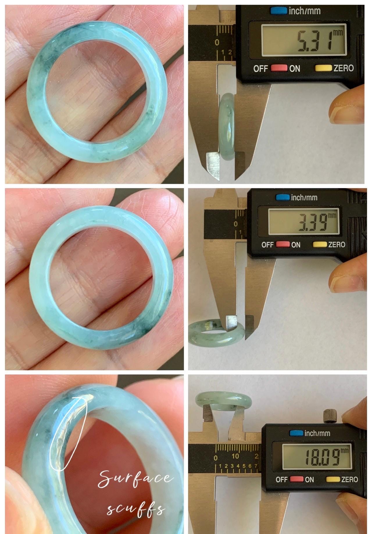 Natural Grade A Icy Translucent Pastel Green Marbled Jade Jadeite Band Ring Size 7.75 US 3g 天然晴底飘花翡翠戒圈 MQP80