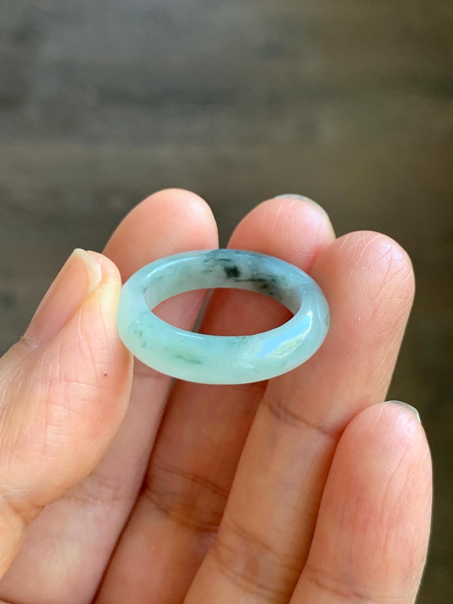 Natural Grade A Icy Translucent Pastel Green Marbled Jade Jadeite Band Ring Size 7.75 US 3g 天然晴底飘花翡翠戒圈 MQP80