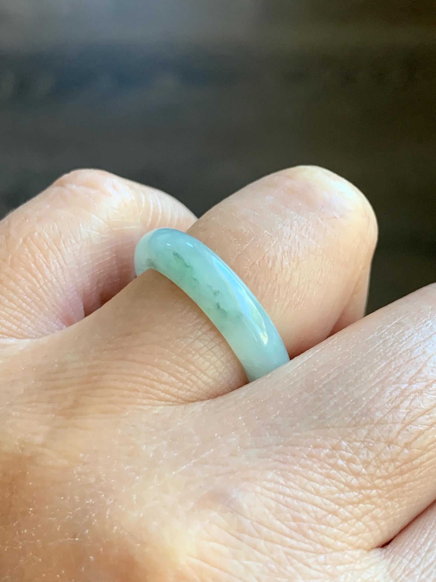 Natural Grade A Icy Translucent Pastel Green Marbled Jade Jadeite Band Ring Size 7.75 US 3g 天然晴底飘花翡翠戒圈 MQP80