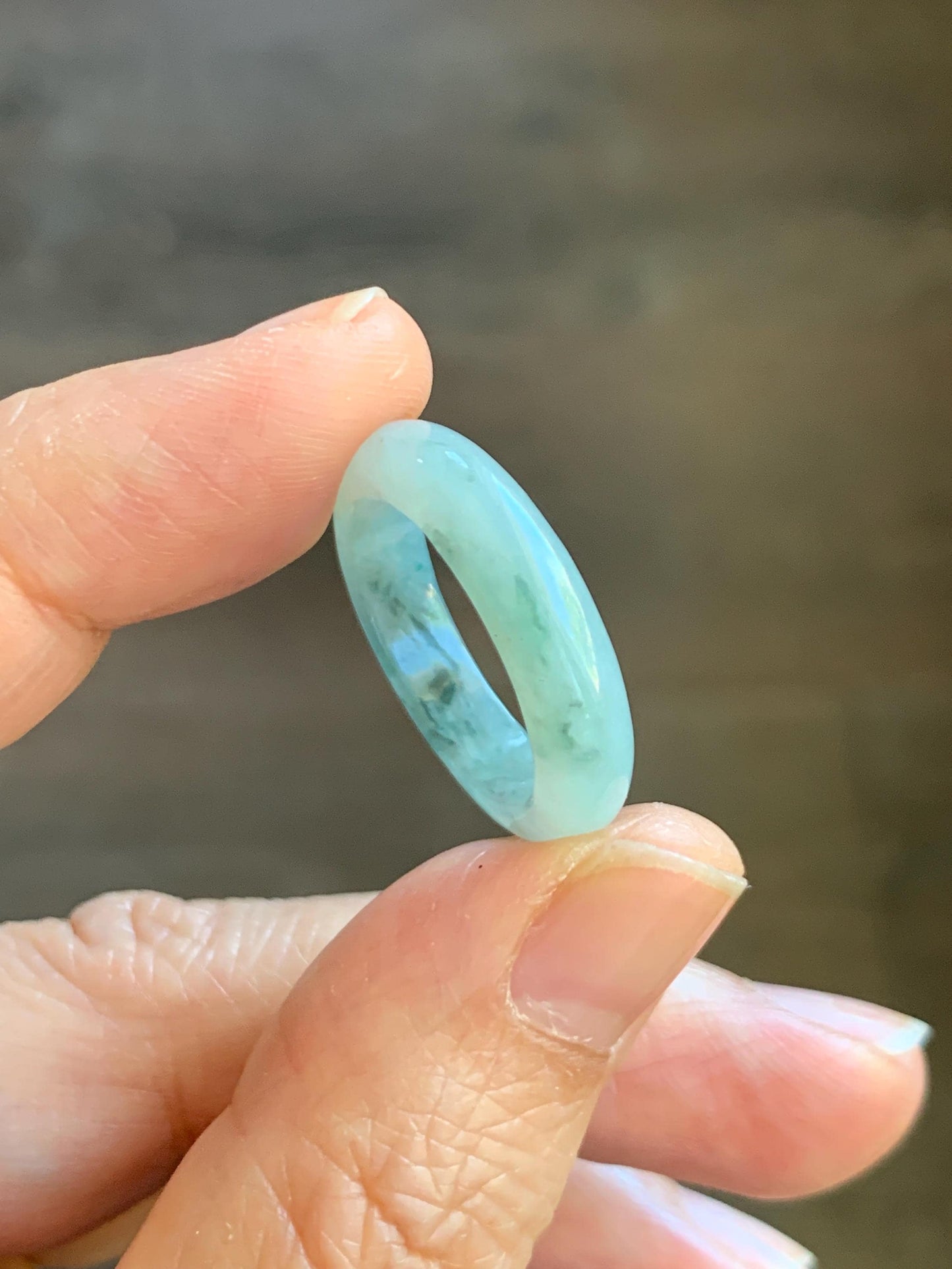 Natural Grade A Icy Translucent Pastel Green Marbled Jade Jadeite Band Ring Size 7.75 US 3g 天然晴底飘花翡翠戒圈 MQP80