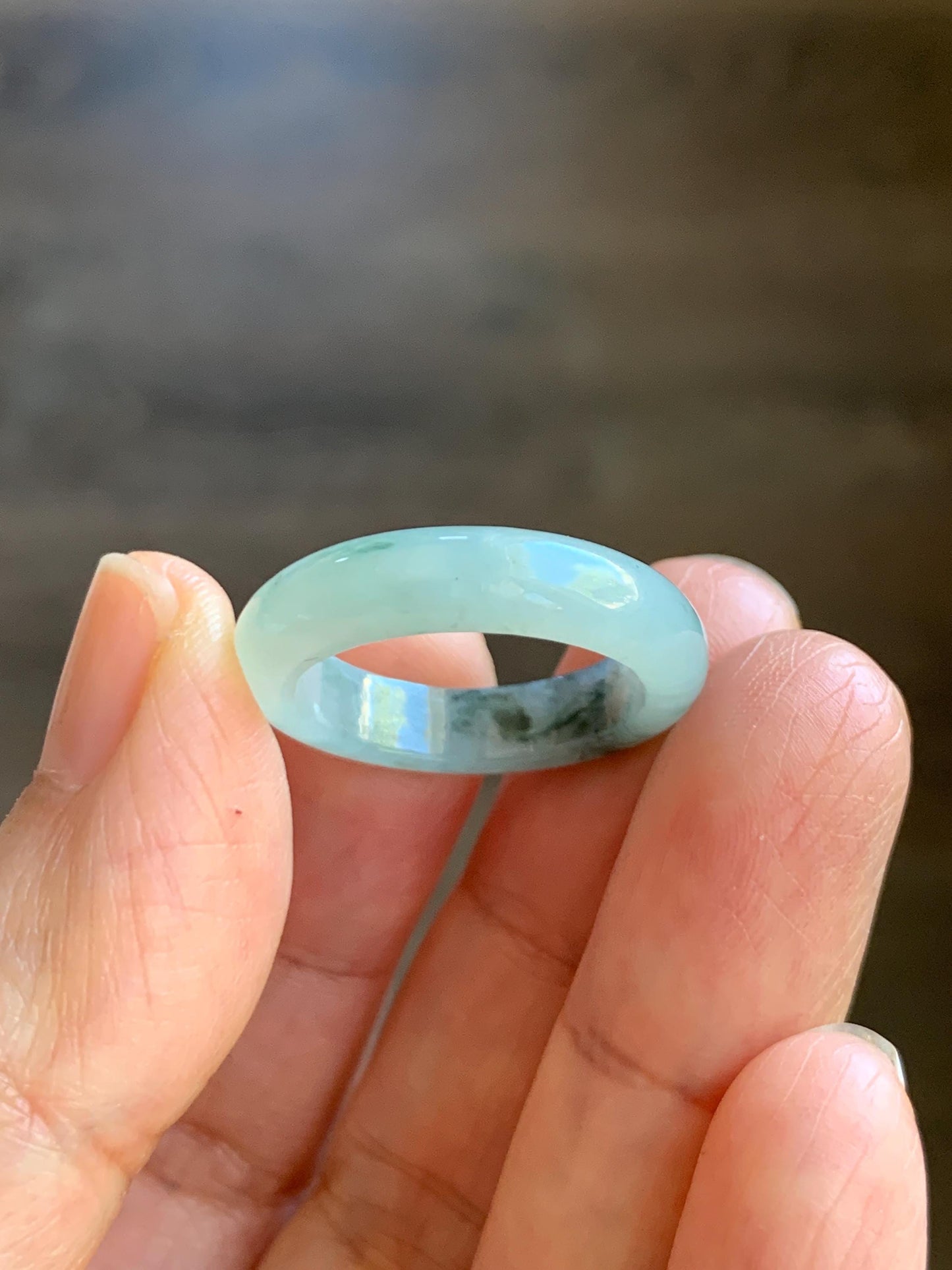 Natural Grade A Icy Translucent Pastel Green Marbled Jade Jadeite Band Ring Size 7.75 US 3g 天然晴底飘花翡翠戒圈 MQP80