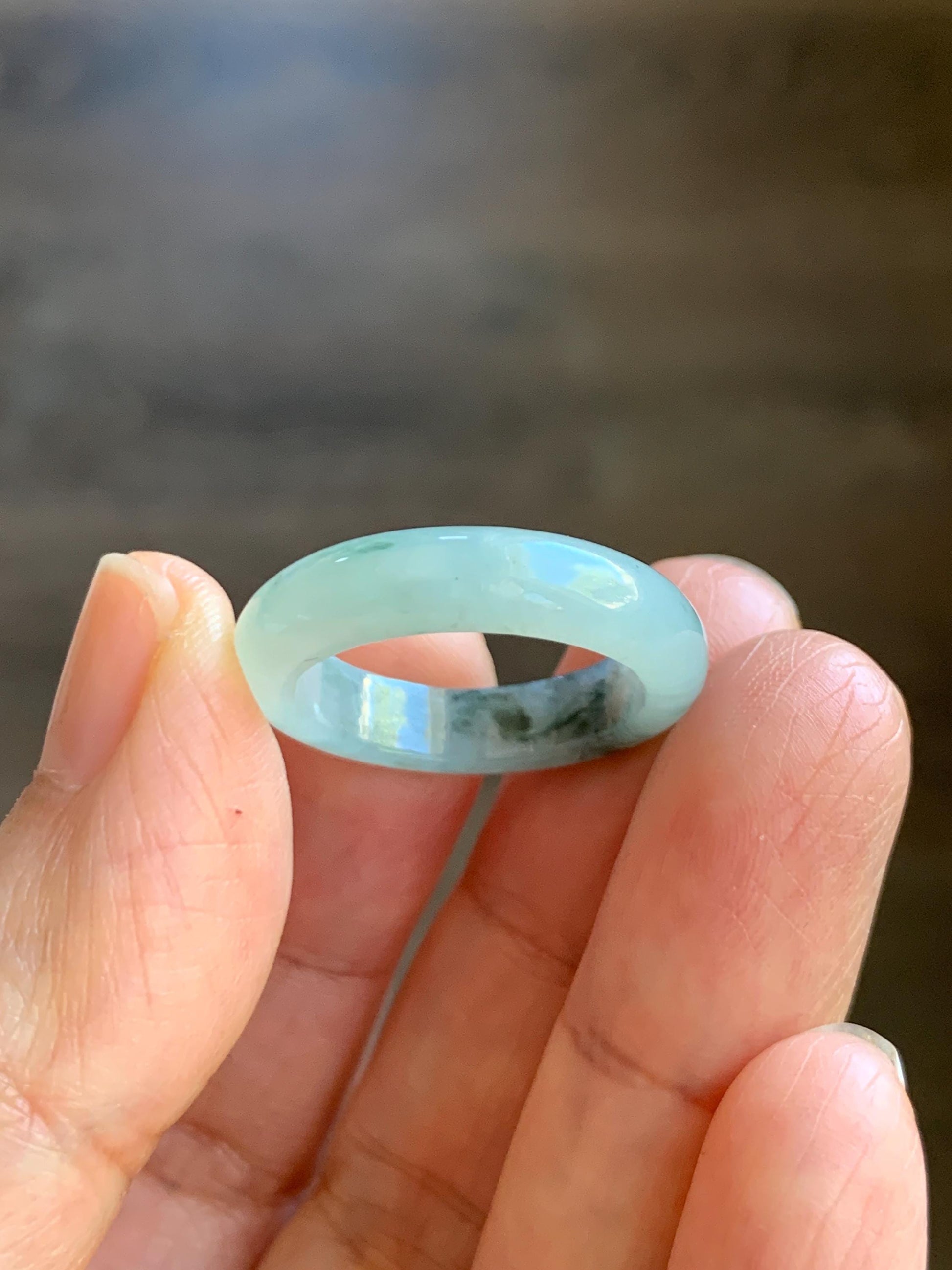 Natural Grade A Icy Translucent Pastel Green Marbled Jade Jadeite Band Ring Size 7.75 US 3g 天然晴底飘花翡翠戒圈 MQP80