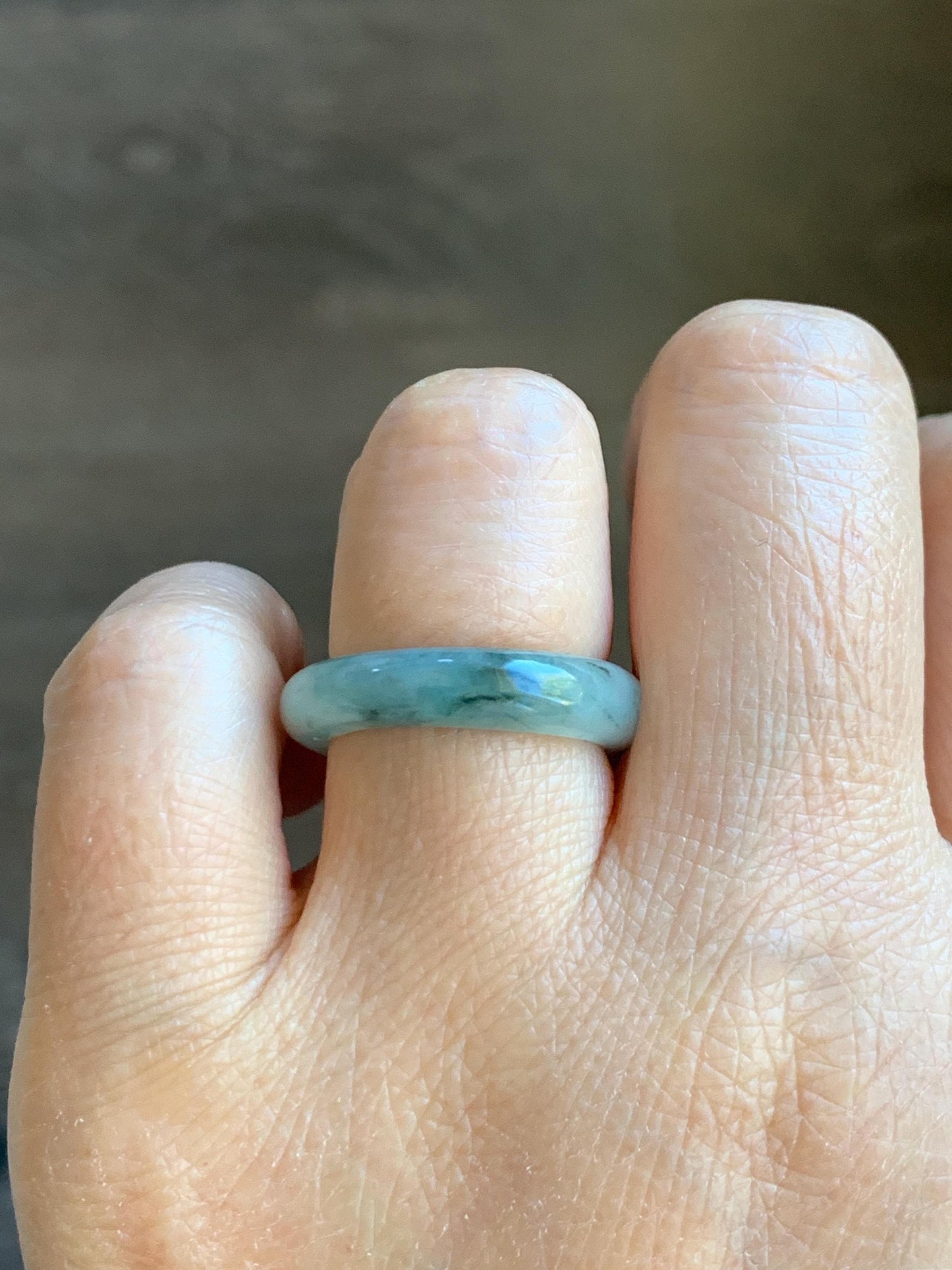 Natural Grade A Icy Translucent Pastel Green Marbled Jade Jadeite Band Ring Size 7.75 US 3g 天然晴底飘花翡翠戒圈 MQP80