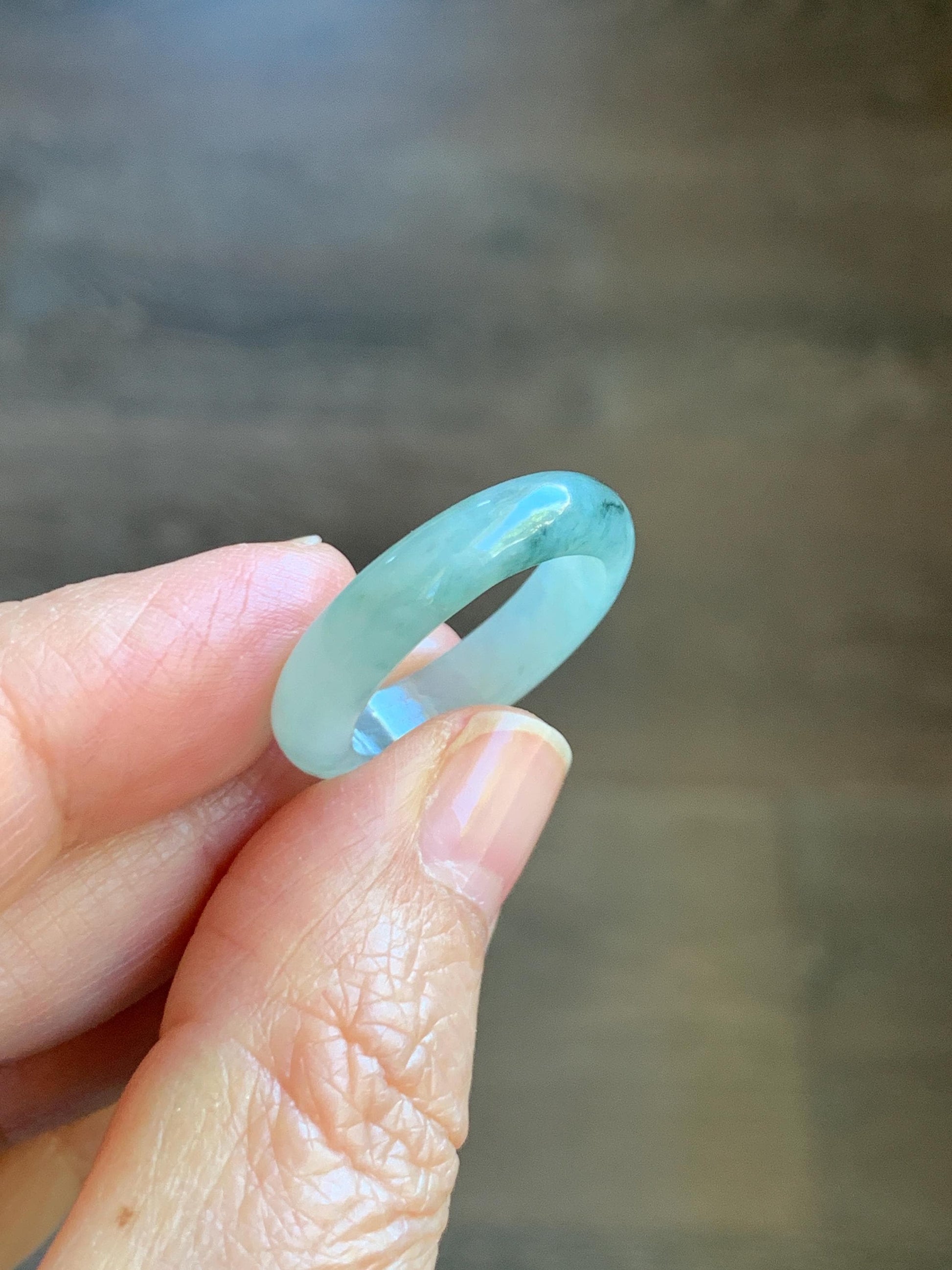 Natural Grade A Icy Translucent Pastel Green Marbled Jade Jadeite Band Ring Size 7.75 US 3g 天然晴底飘花翡翠戒圈 MQP80