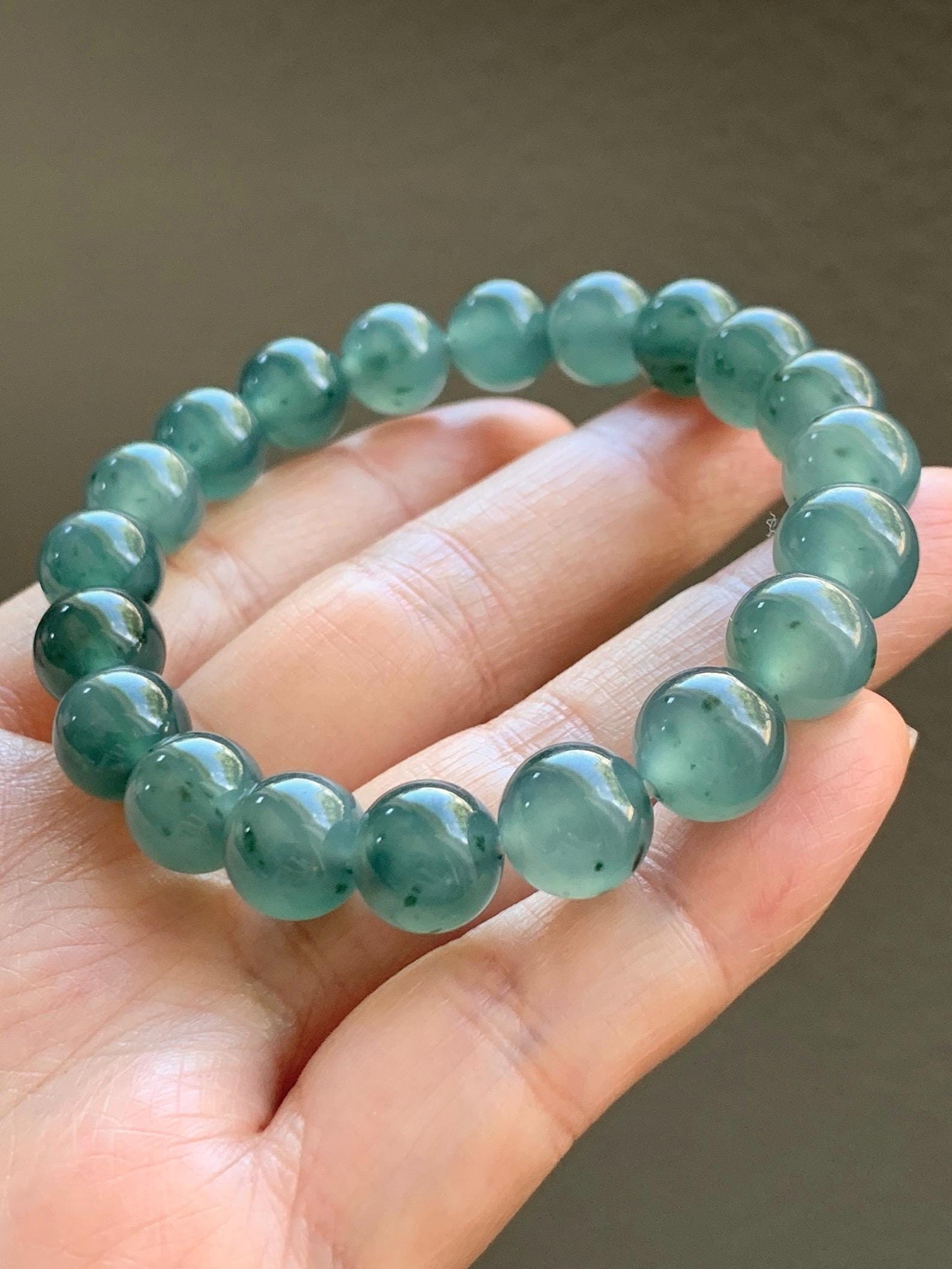 Natural Grade A Guatemalan Icy Highly Translucent Dark Teal Green Marbled Jade Jadeite Beaded Bracelet 9.8mm 7.25” 32g 天然冰危蓝绿飘花翡翠圆珠手串WUP330A