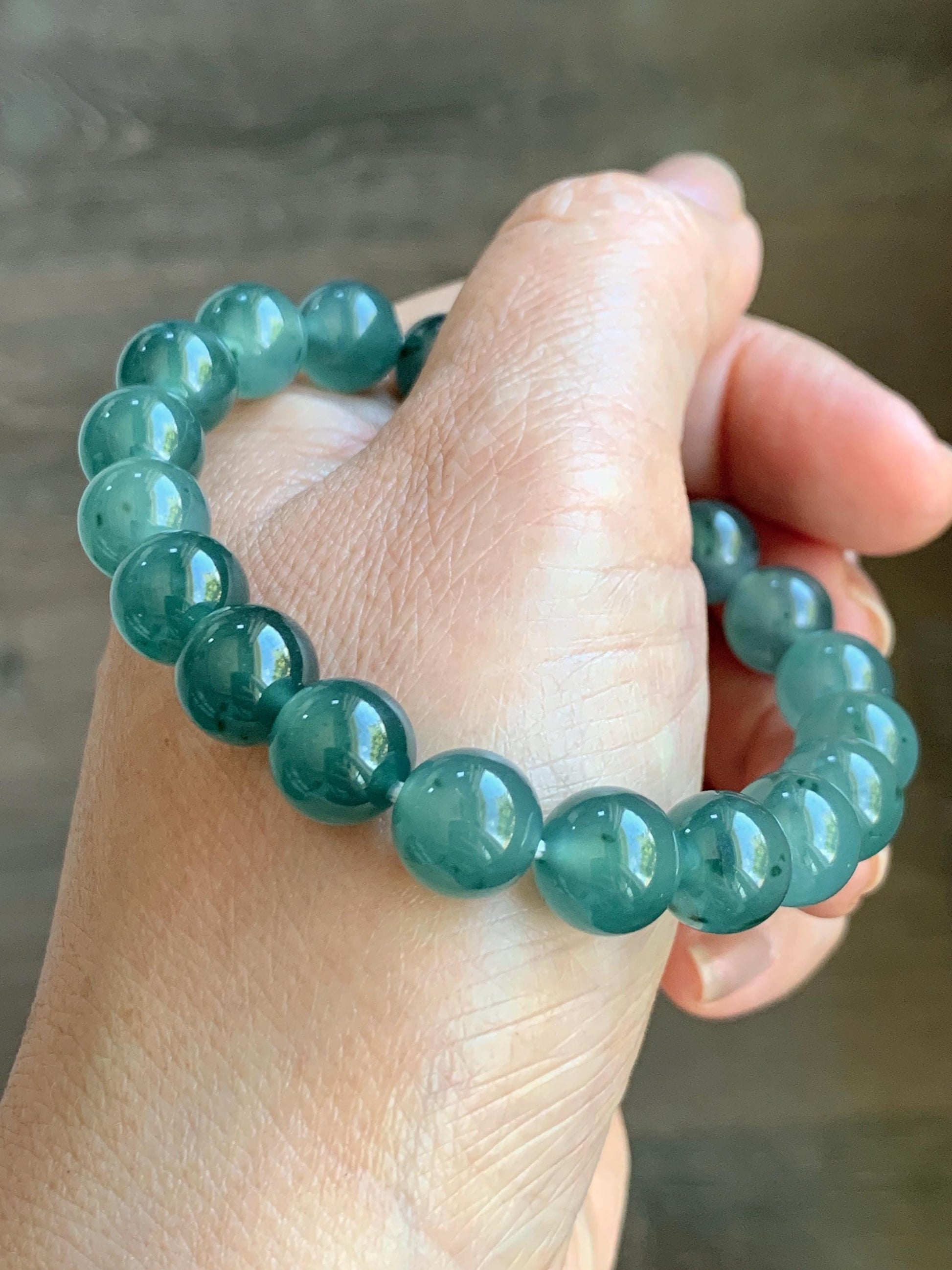 Natural Grade A Guatemalan Icy Highly Translucent Dark Teal Green Marbled Jade Jadeite Beaded Bracelet 9.8mm 7.25” 32g 天然冰危蓝绿飘花翡翠圆珠手串WUP330A