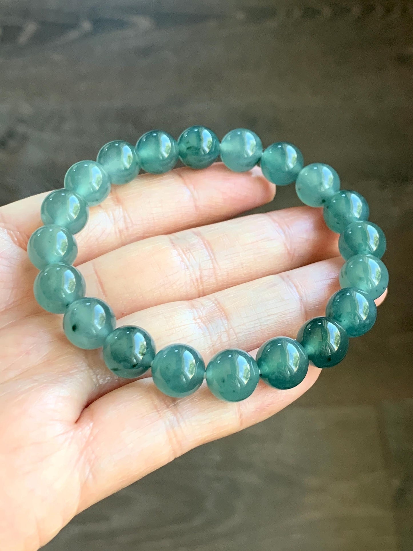 Natural Grade A Guatemalan Icy Highly Translucent Dark Teal Green Marbled Jade Jadeite Beaded Bracelet 9.8mm 7.25” 32g 天然冰危蓝绿飘花翡翠圆珠手串WUP330A