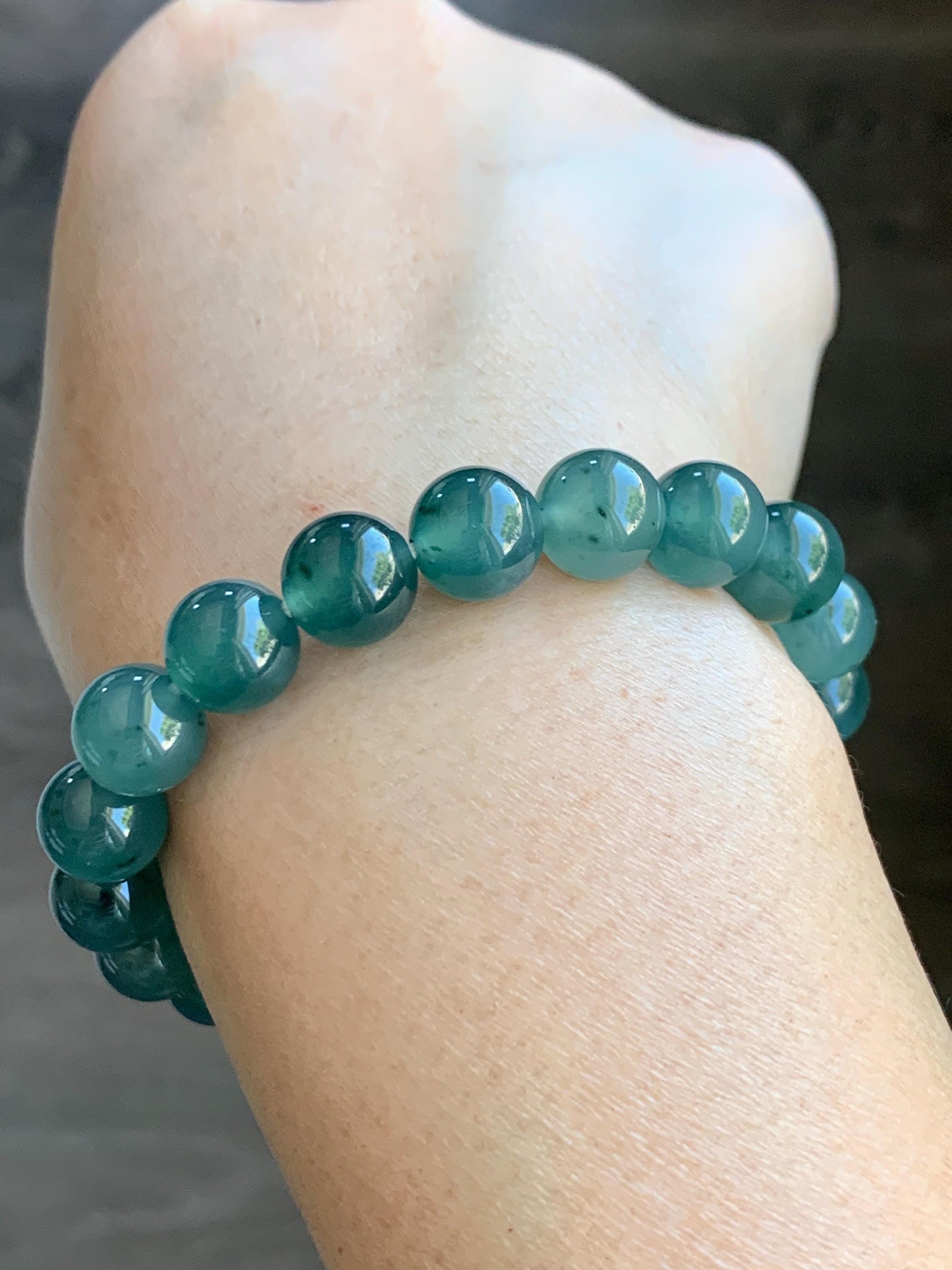 Natural Grade A Guatemalan Icy Highly Translucent Dark Teal Green Marbled Jade Jadeite Beaded Bracelet 9.8mm 7.25” 32g 天然冰危蓝绿飘花翡翠圆珠手串WUP330A