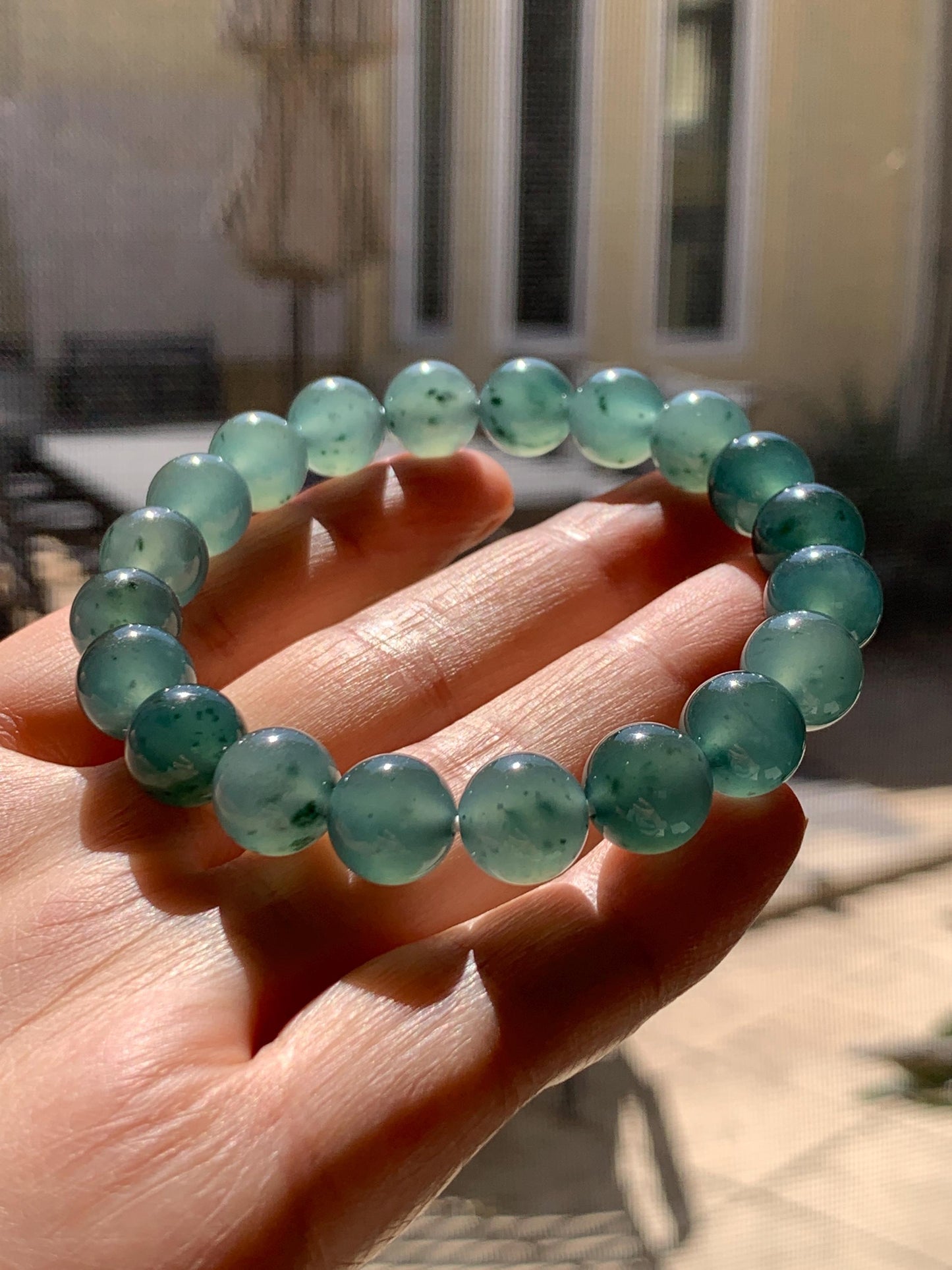 Natural Grade A Guatemalan Icy Highly Translucent Dark Teal Green Marbled Jade Jadeite Beaded Bracelet 9.8mm 7.25” 32g 天然冰危蓝绿飘花翡翠圆珠手串WUP330A