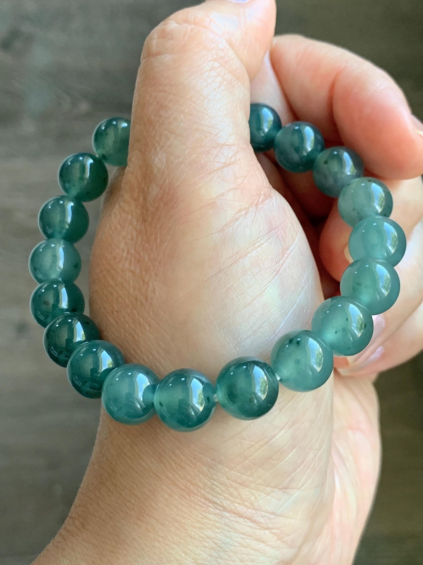 Natural Grade A Guatemalan Icy Highly Translucent Dark Teal Green Marbled Jade Jadeite Beaded Bracelet 9.8mm 7.25” 32g 天然冰危蓝绿飘花翡翠圆珠手串WUP330A
