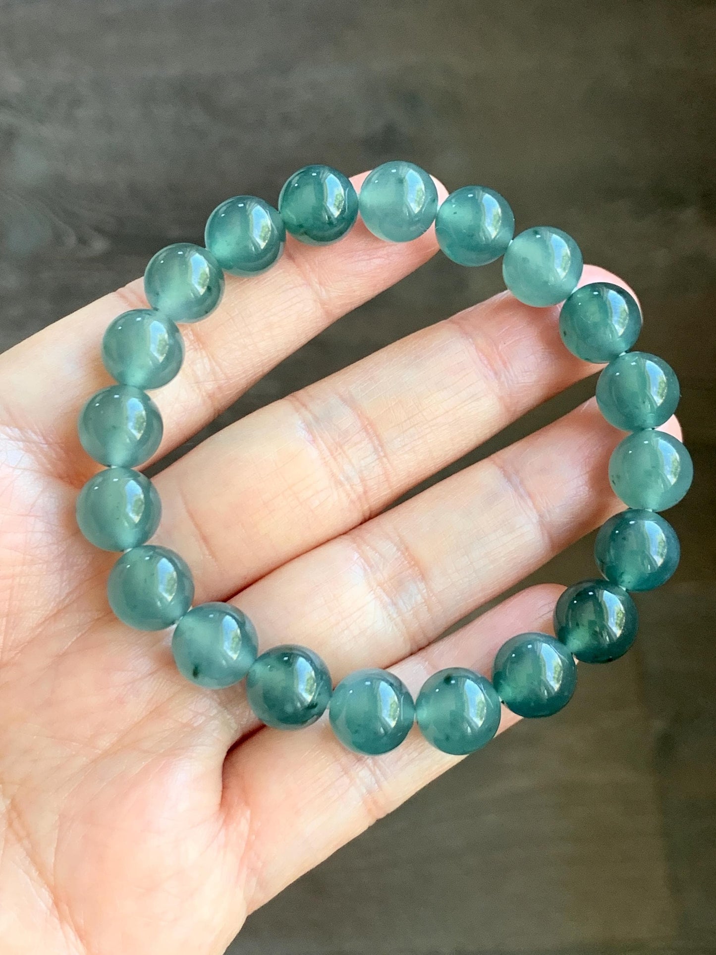 Natural Grade A Guatemalan Icy Highly Translucent Dark Teal Green Marbled Jade Jadeite Beaded Bracelet 9.8mm 7.25” 32g 天然冰危蓝绿飘花翡翠圆珠手串WUP330A