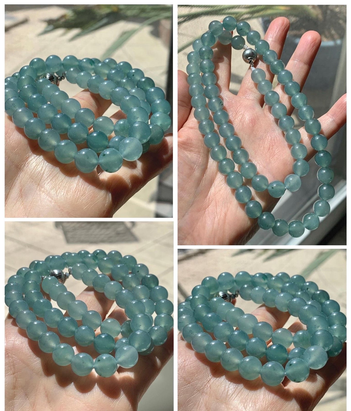Natural Grade A Guatemalan Icy Highly Translucent Light Teal Jade Jadeite Beaded Necklace 24” 99g Sterling Silver 天然冰胶危浅蓝飘绿花翡翠大卡圆珠项链 WQC990