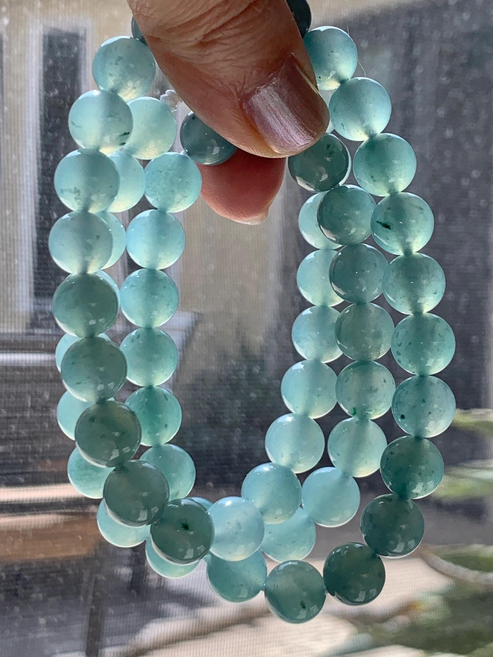 Natural Grade A Guatemalan Icy Highly Translucent Light Teal Jade Jadeite Beaded Necklace 24” 99g Sterling Silver 天然冰胶危浅蓝飘绿花翡翠大卡圆珠项链 WQC990