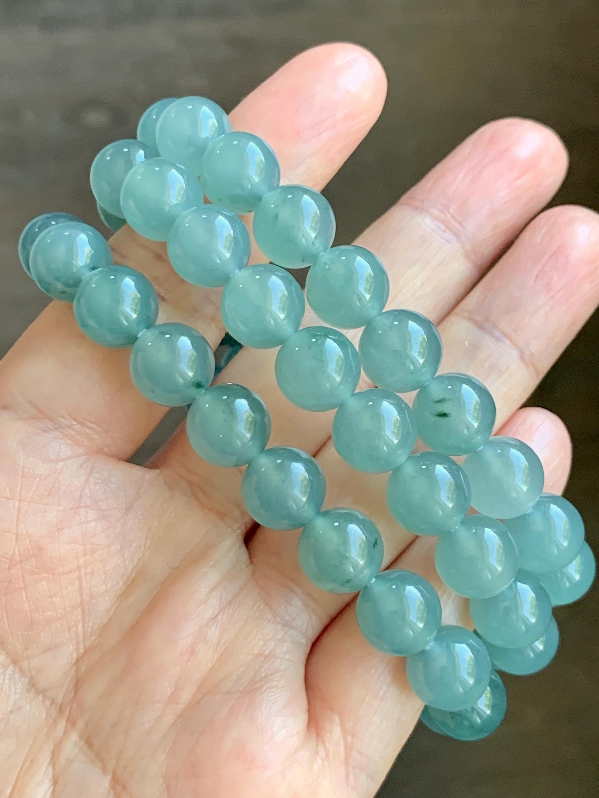 Natural Grade A Guatemalan Icy Highly Translucent Light Teal Jade Jadeite Beaded Necklace 24” 99g Sterling Silver 天然冰胶危浅蓝飘绿花翡翠大卡圆珠项链 WQC990