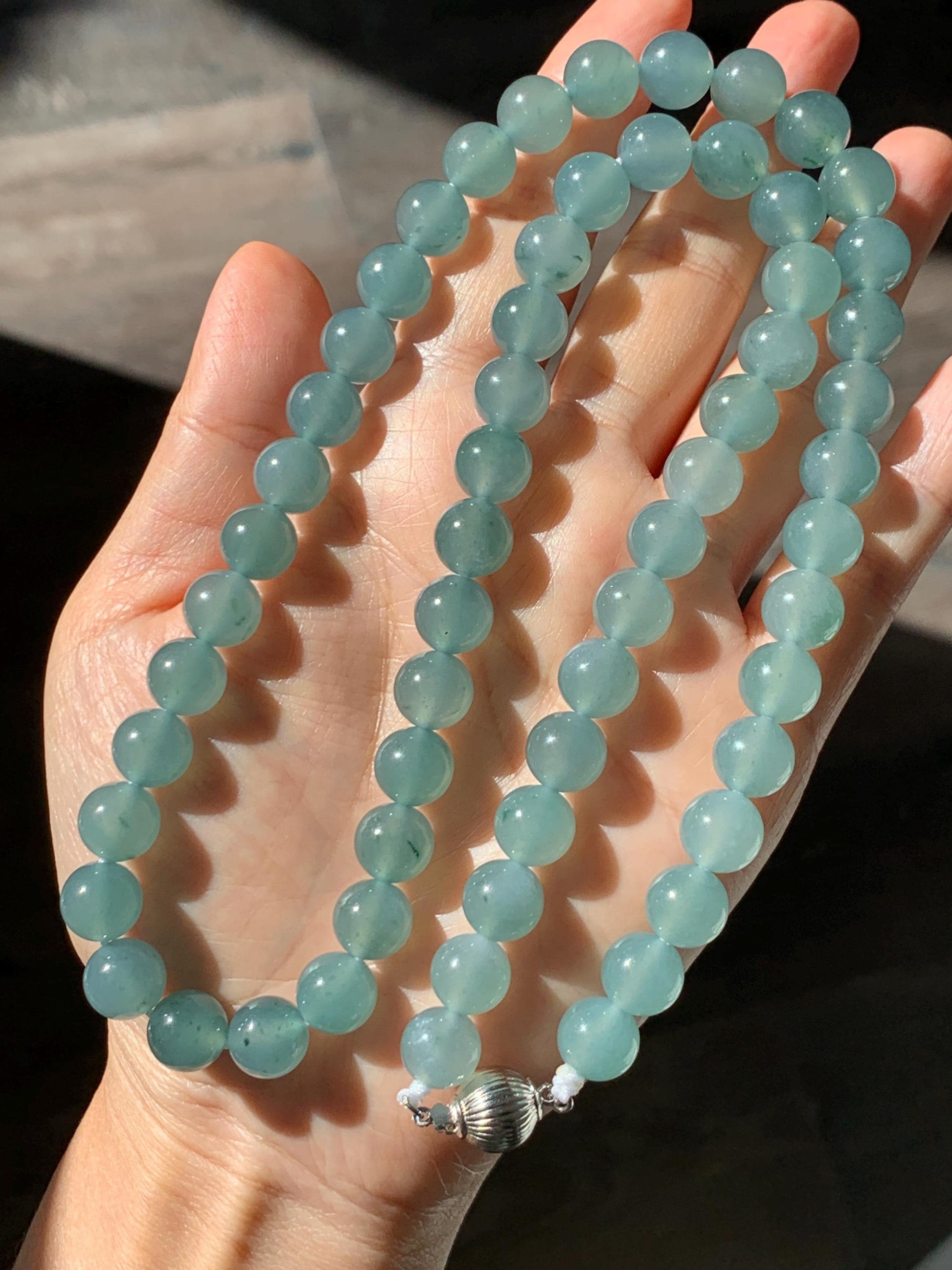 Natural Grade A Guatemalan Icy Highly Translucent Light Teal Jade Jadeite Beaded Necklace 24” 99g Sterling Silver 天然冰胶危浅蓝飘绿花翡翠大卡圆珠项链 WQC990