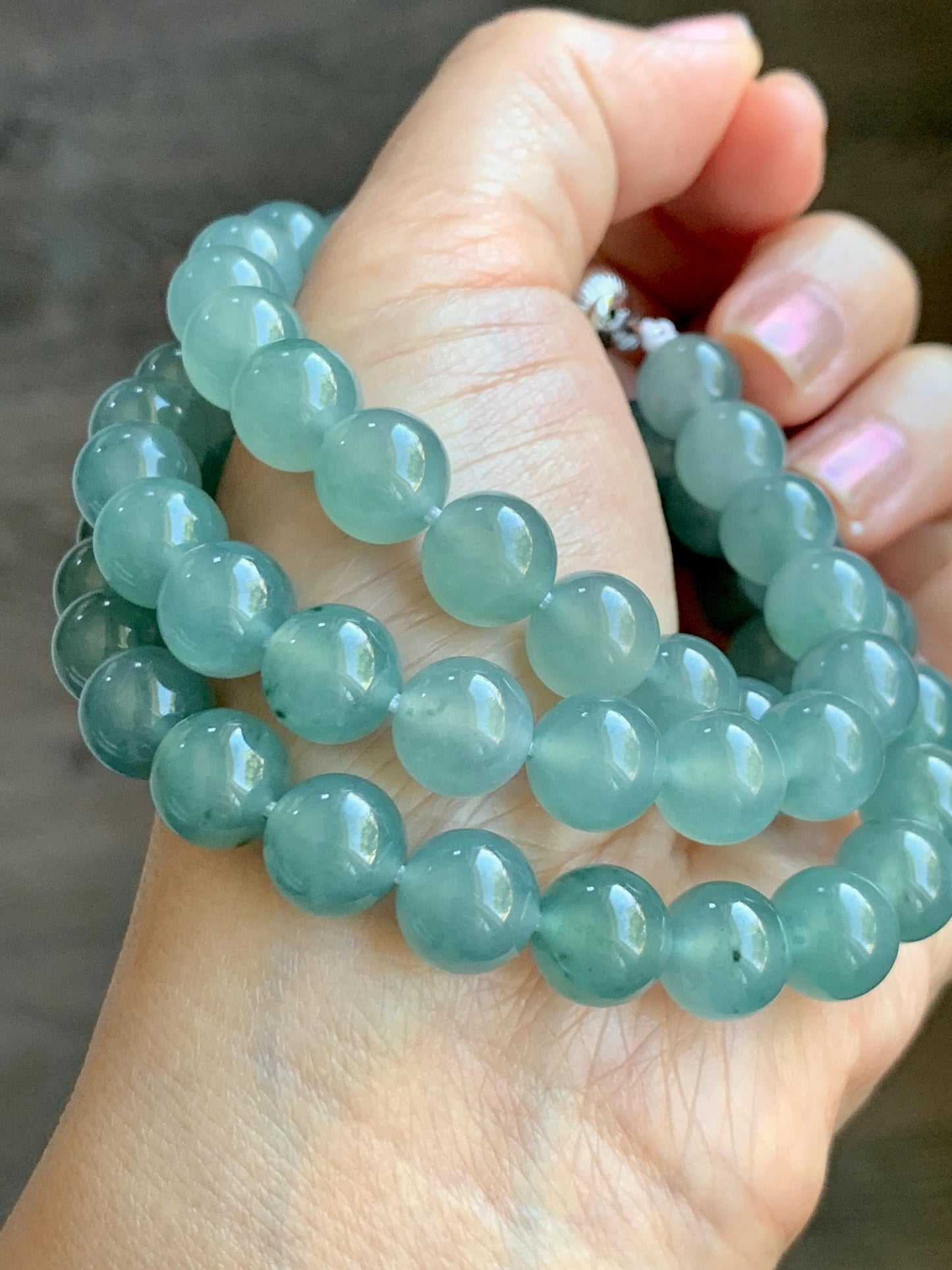 Natural Grade A Guatemalan Icy Highly Translucent Light Teal Jade Jadeite Beaded Necklace 24” 99g Sterling Silver 天然冰胶危浅蓝飘绿花翡翠大卡圆珠项链 WQC990