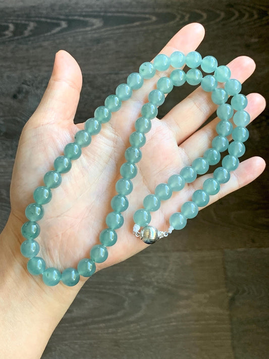 Natural Grade A Guatemalan Icy Highly Translucent Light Teal Jade Jadeite Beaded Necklace 24” 99g Sterling Silver 天然冰胶危浅蓝飘绿花翡翠大卡圆珠项链 WQC990