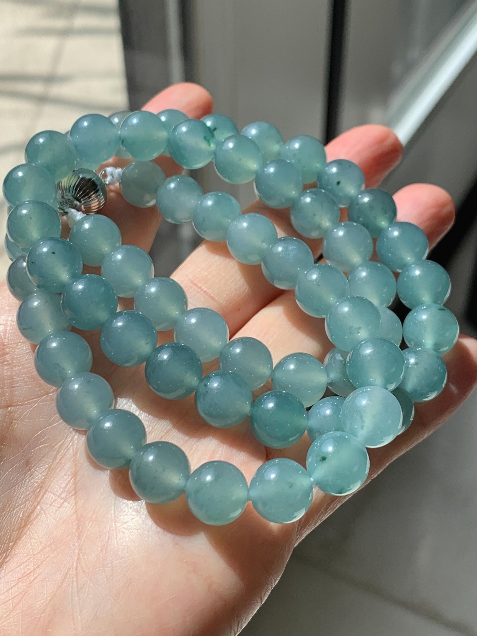 Natural Grade A Guatemalan Icy Highly Translucent Light Teal Jade Jadeite Beaded Necklace 24” 99g Sterling Silver 天然冰胶危浅蓝飘绿花翡翠大卡圆珠项链 WQC990