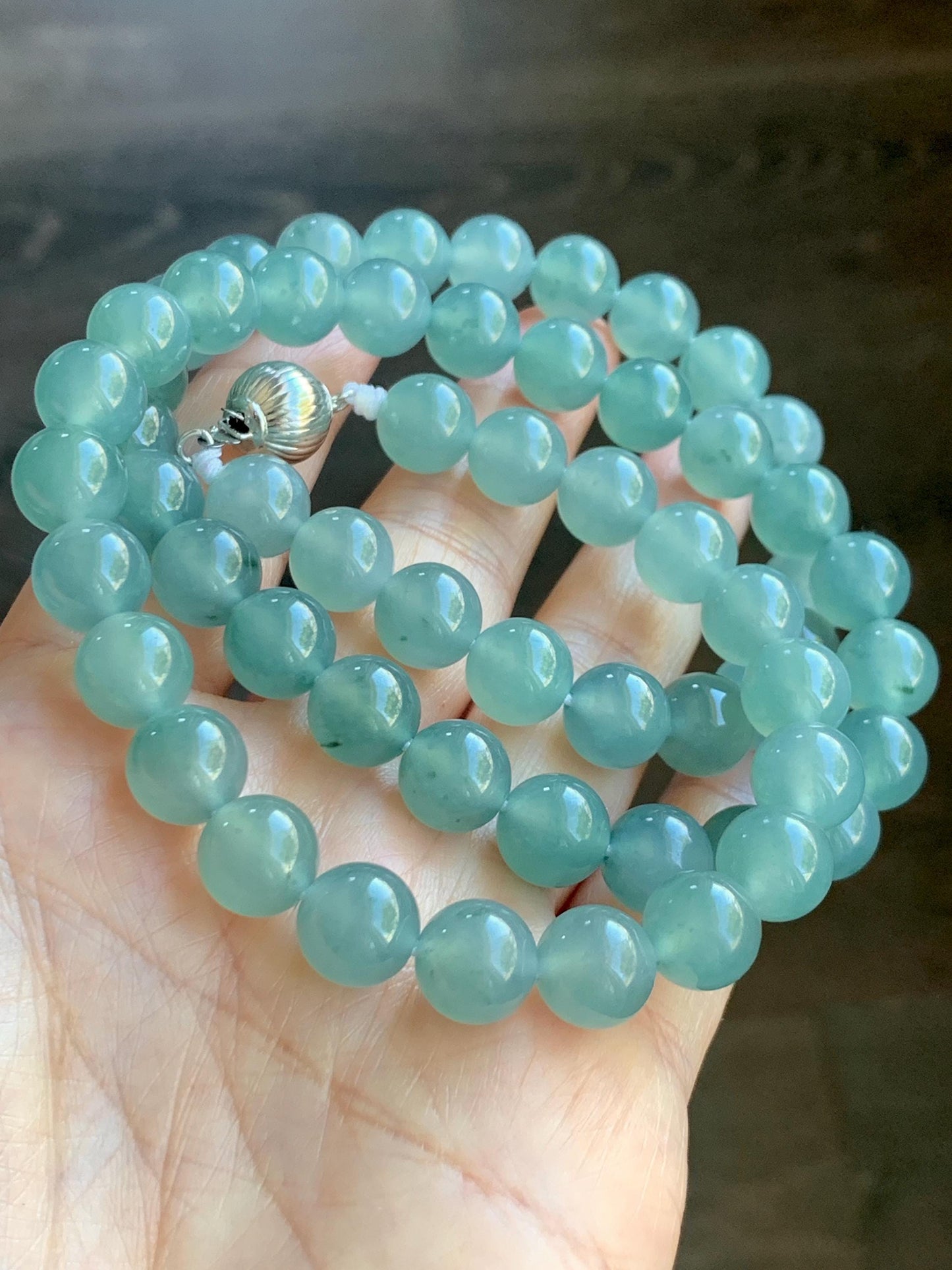 Natural Grade A Guatemalan Icy Highly Translucent Light Teal Jade Jadeite Beaded Necklace 24” 99g Sterling Silver 天然冰胶危浅蓝飘绿花翡翠大卡圆珠项链 WQC990