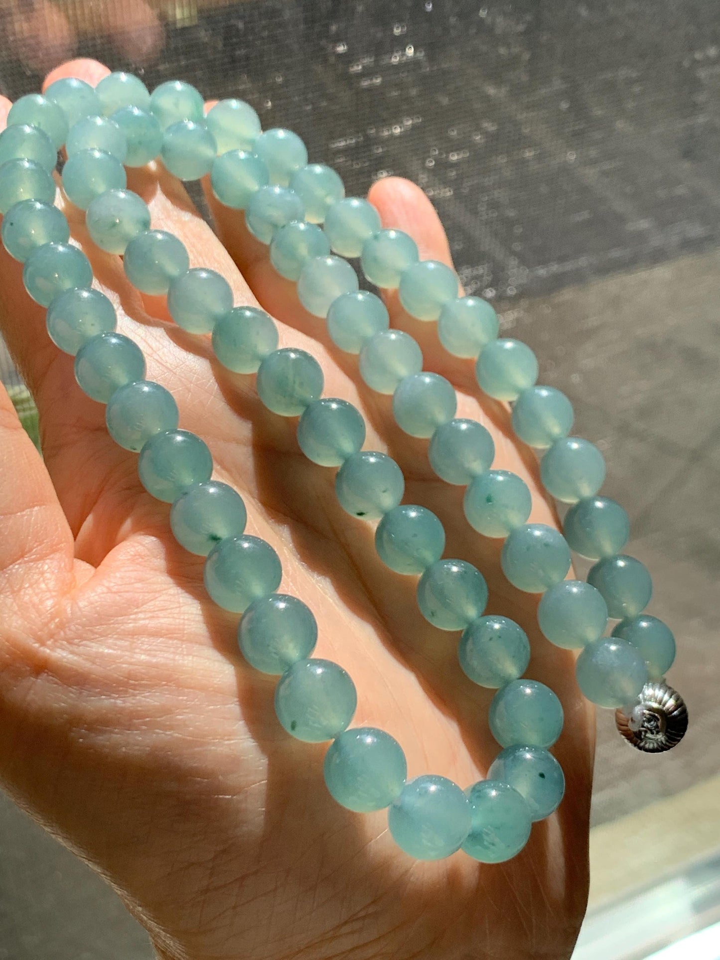 Natural Grade A Guatemalan Icy Highly Translucent Light Teal Jade Jadeite Beaded Necklace 24” 99g Sterling Silver 天然冰胶危浅蓝飘绿花翡翠大卡圆珠项链 WQC990