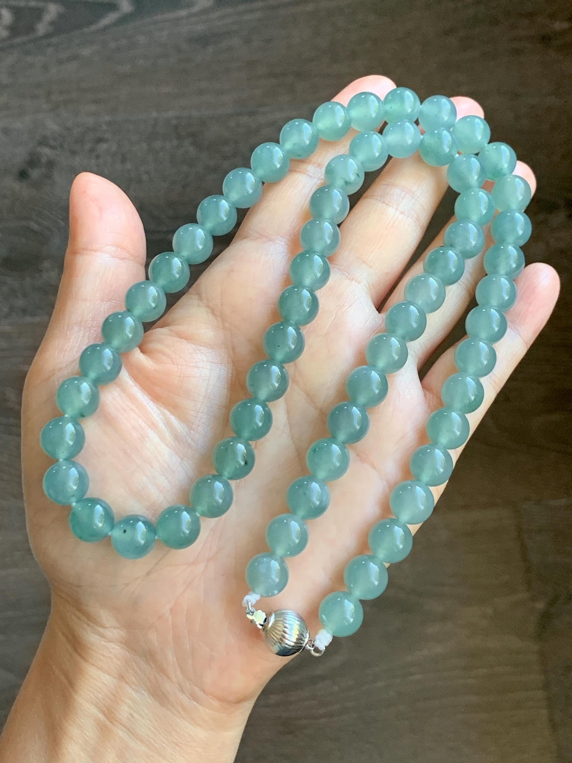 Natural Grade A Guatemalan Icy Highly Translucent Light Teal Jade Jadeite Beaded Necklace 24” 99g Sterling Silver 天然冰胶危浅蓝飘绿花翡翠大卡圆珠项链 WQC990