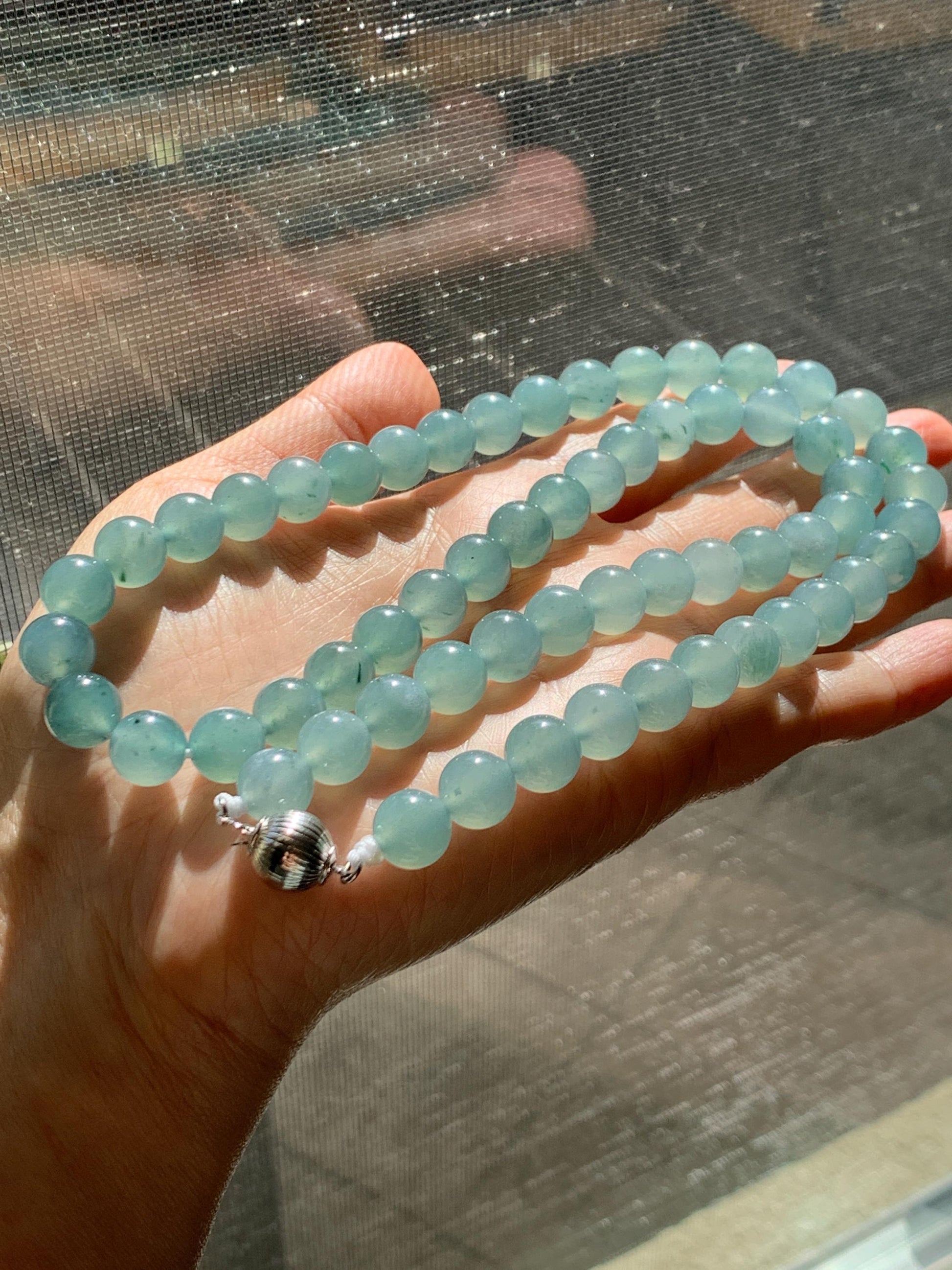 Natural Grade A Guatemalan Icy Highly Translucent Light Teal Jade Jadeite Beaded Necklace 24” 99g Sterling Silver 天然冰胶危浅蓝飘绿花翡翠大卡圆珠项链 WQC990