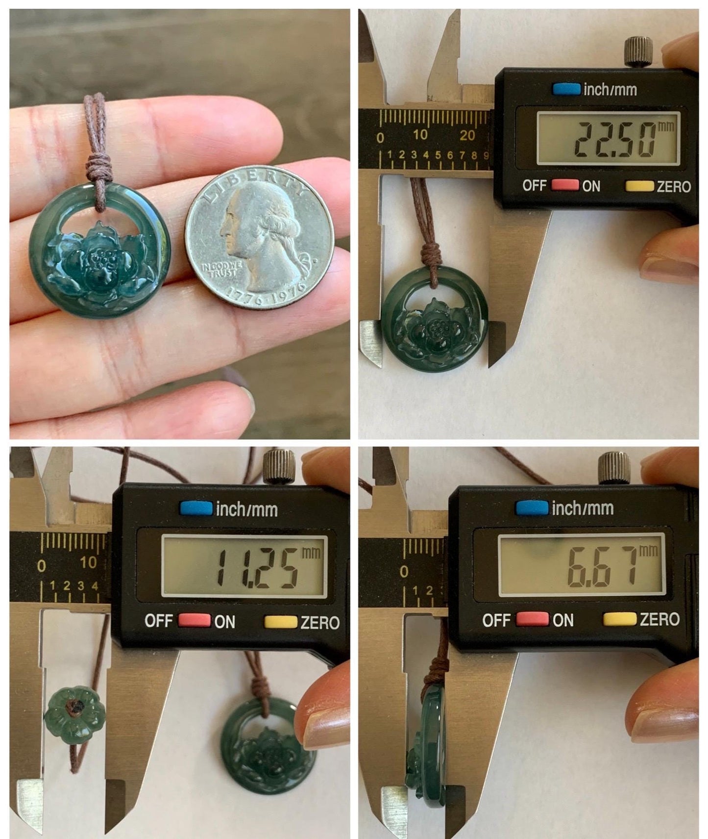 Natural Grade A Guatemalan Icy Translucent Dark Teal Blue Jade Jadeite Lotus Flower Circle Pendant Rope Necklace 19” 天然冰危深蓝翡翠莲花圈吊坠 WLHK180