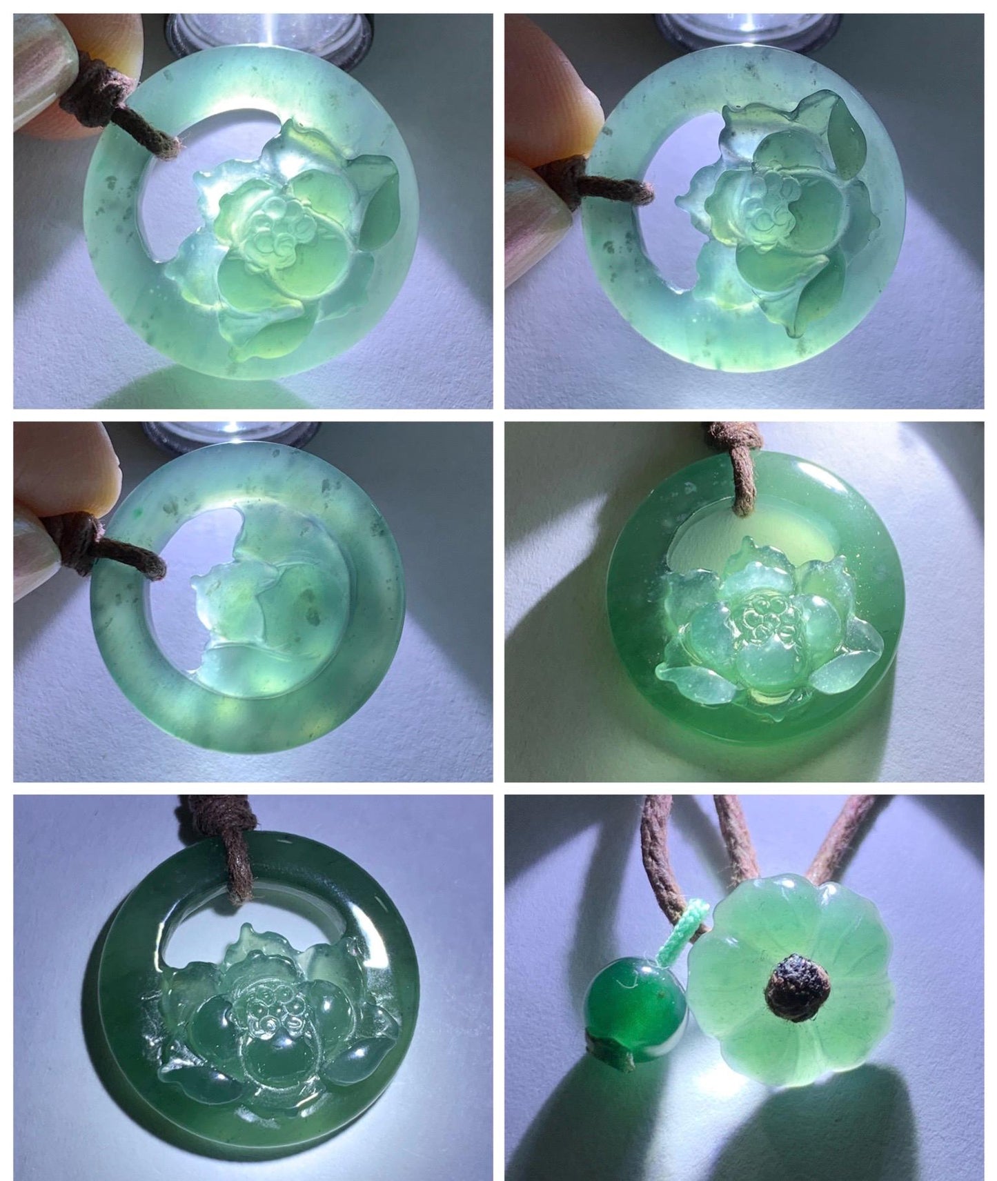 Natural Grade A Guatemalan Icy Translucent Dark Teal Blue Jade Jadeite Lotus Flower Circle Pendant Rope Necklace 19” 天然冰危深蓝翡翠莲花圈吊坠 WLHK180