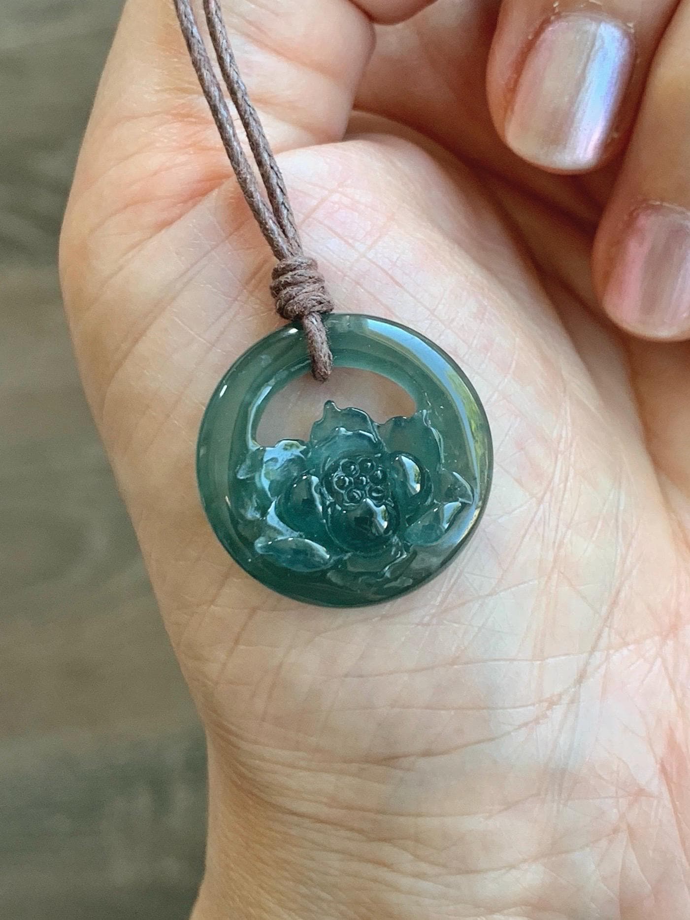 Natural Grade A Guatemalan Icy Translucent Dark Teal Blue Jade Jadeite Lotus Flower Circle Pendant Rope Necklace 19” 天然冰危深蓝翡翠莲花圈吊坠 WLHK180