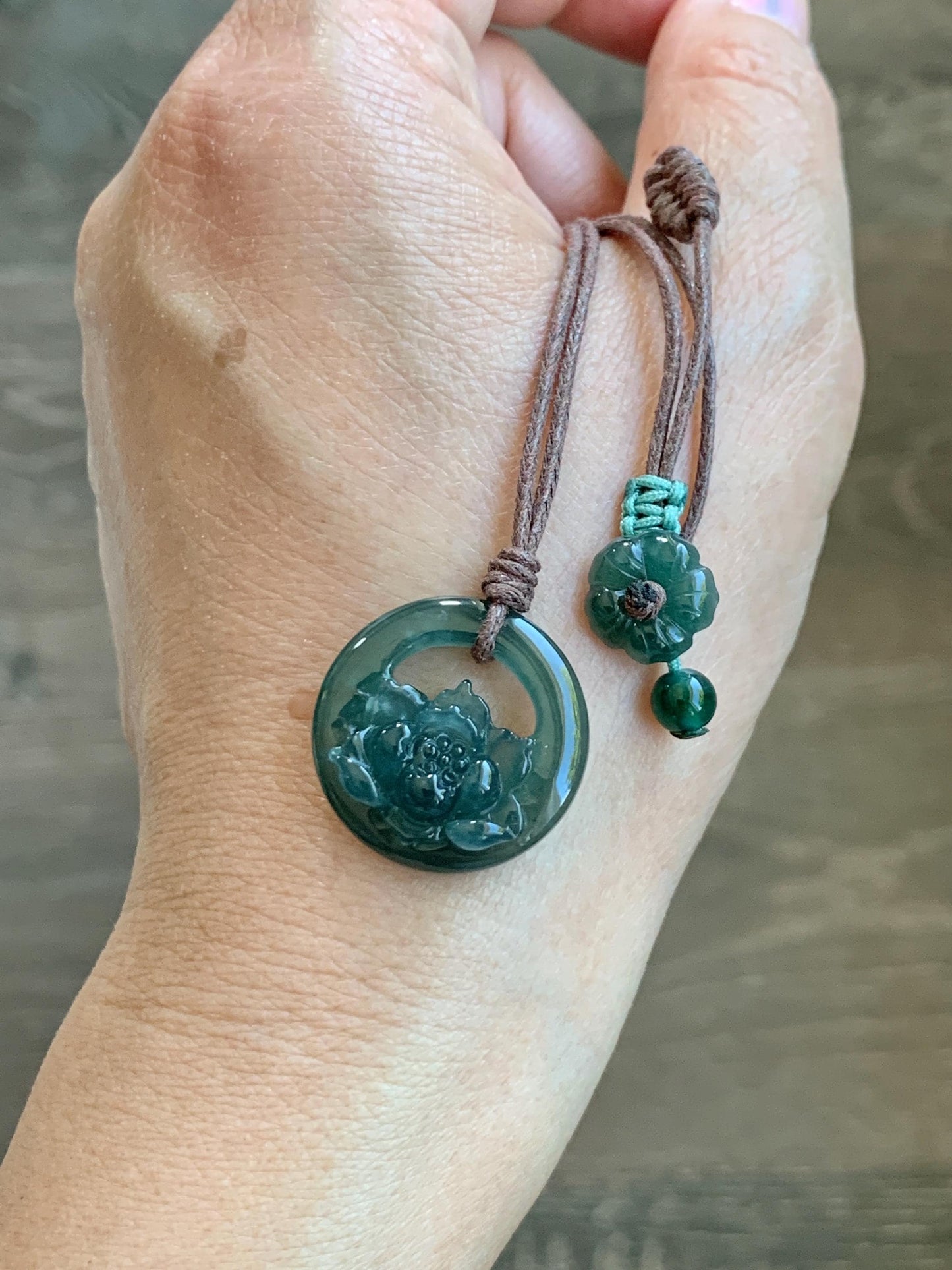 Natural Grade A Guatemalan Icy Translucent Dark Teal Blue Jade Jadeite Lotus Flower Circle Pendant Rope Necklace 19” 天然冰危深蓝翡翠莲花圈吊坠 WLHK180