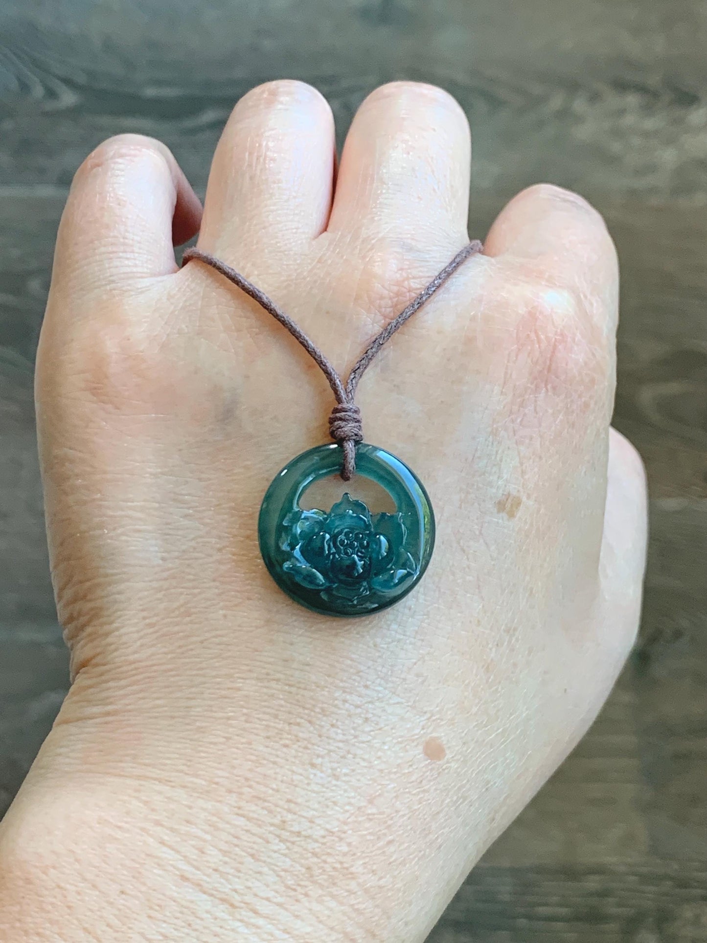 Natural Grade A Guatemalan Icy Translucent Dark Teal Blue Jade Jadeite Lotus Flower Circle Pendant Rope Necklace 19” 天然冰危深蓝翡翠莲花圈吊坠 WLHK180