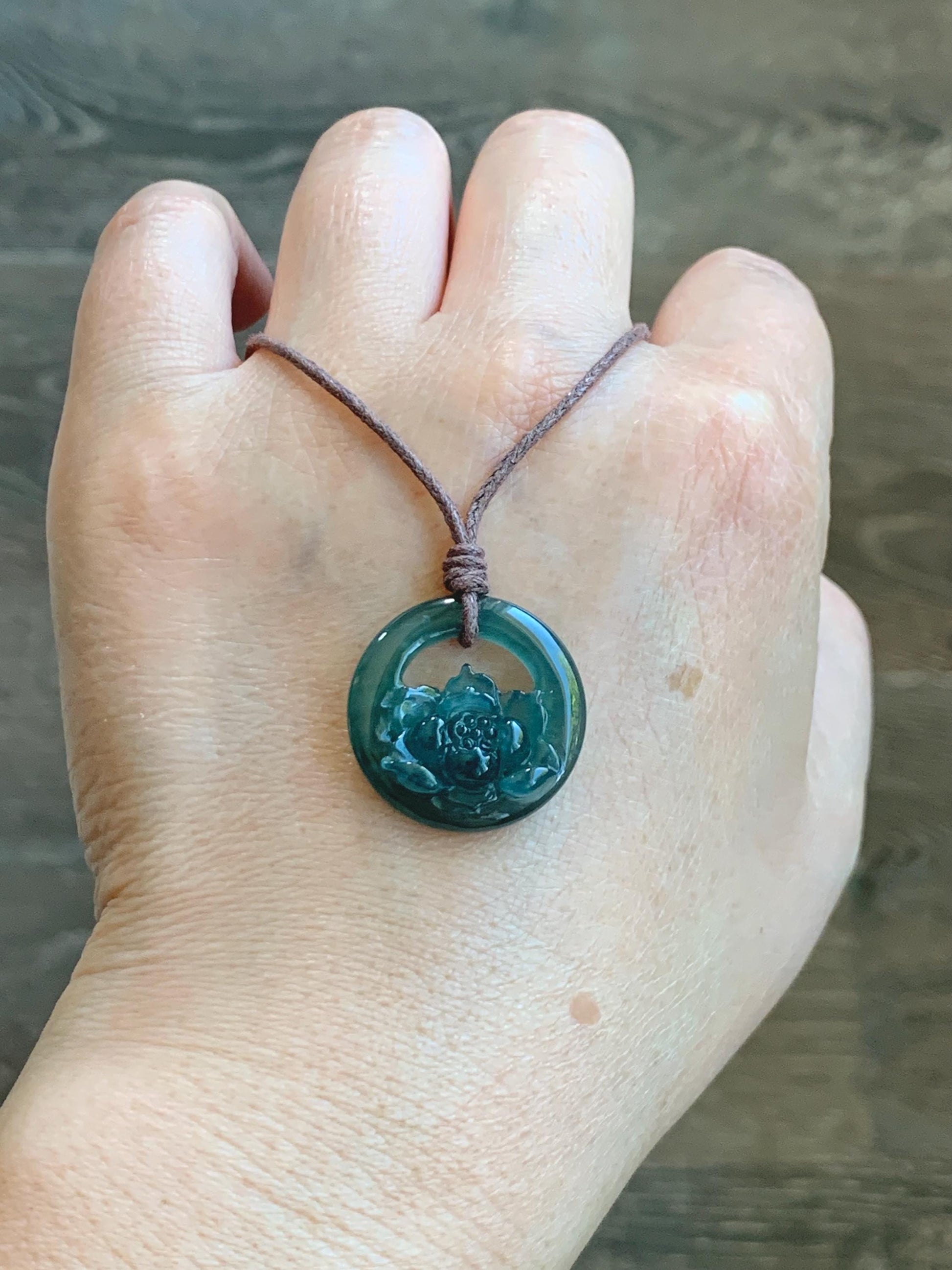 Natural Grade A Guatemalan Icy Translucent Dark Teal Blue Jade Jadeite Lotus Flower Circle Pendant Rope Necklace 19” 天然冰危深蓝翡翠莲花圈吊坠 WLHK180