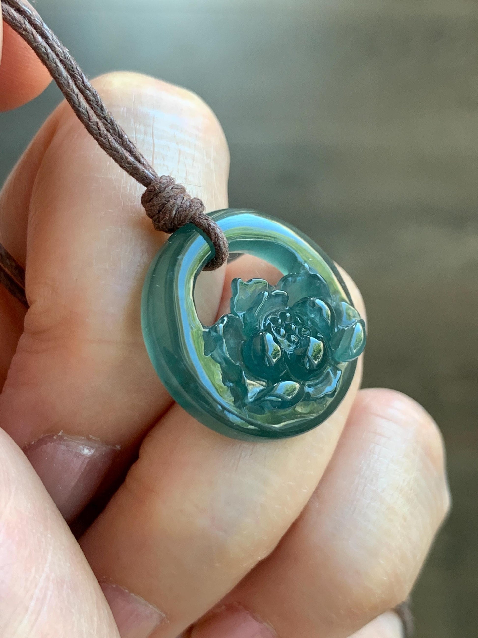Natural Grade A Guatemalan Icy Translucent Dark Teal Blue Jade Jadeite Lotus Flower Circle Pendant Rope Necklace 19” 天然冰危深蓝翡翠莲花圈吊坠 WLHK180