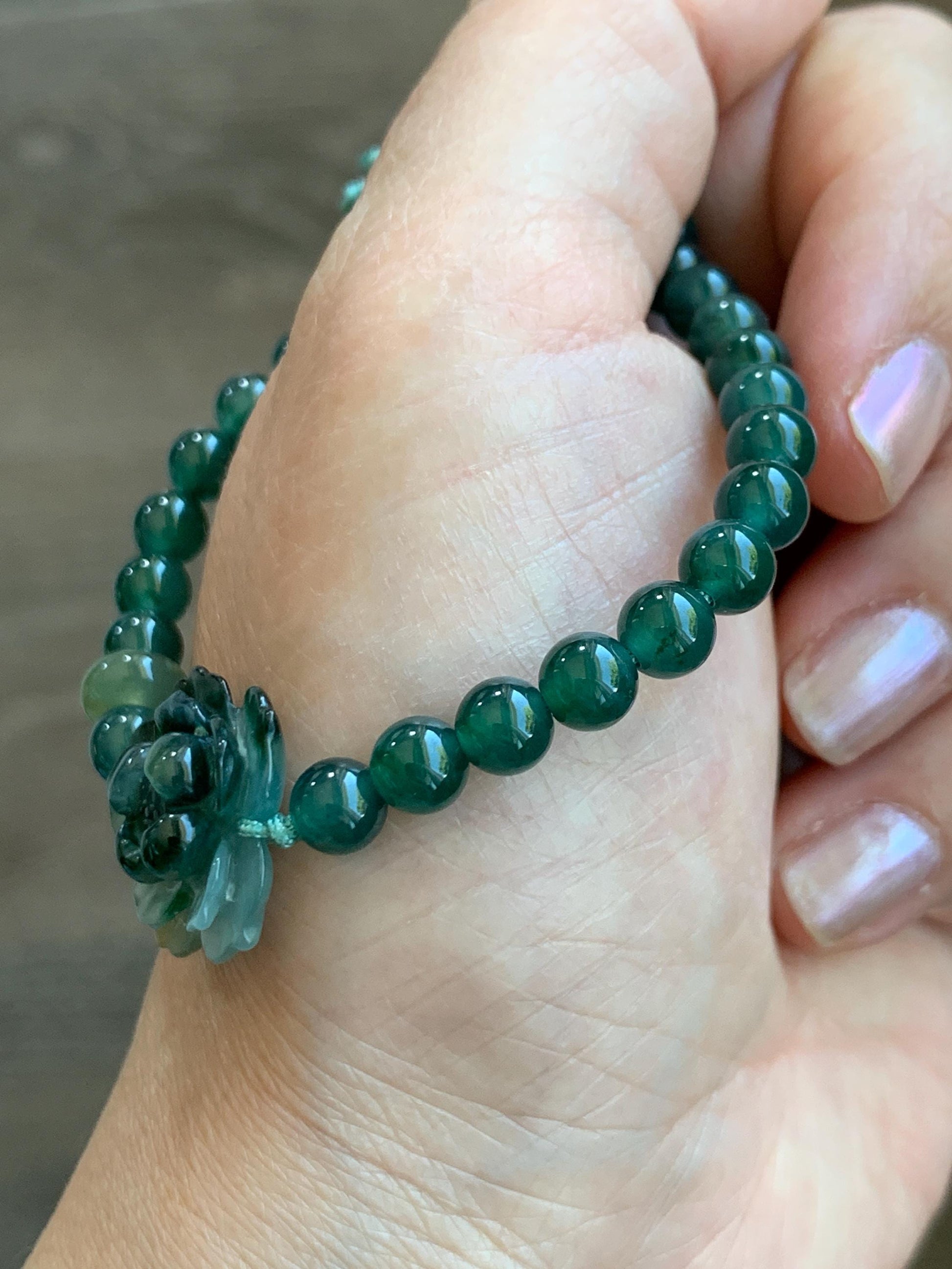 Natural Guatemalan Icy Translucent Dark Teal Yellow Marbled Jade Jadeite Lotus Flower Beaded Bracelet 6.5” 11g 天然冰危深蓝三彩翡翠莲花圆珠手串 WSC132
