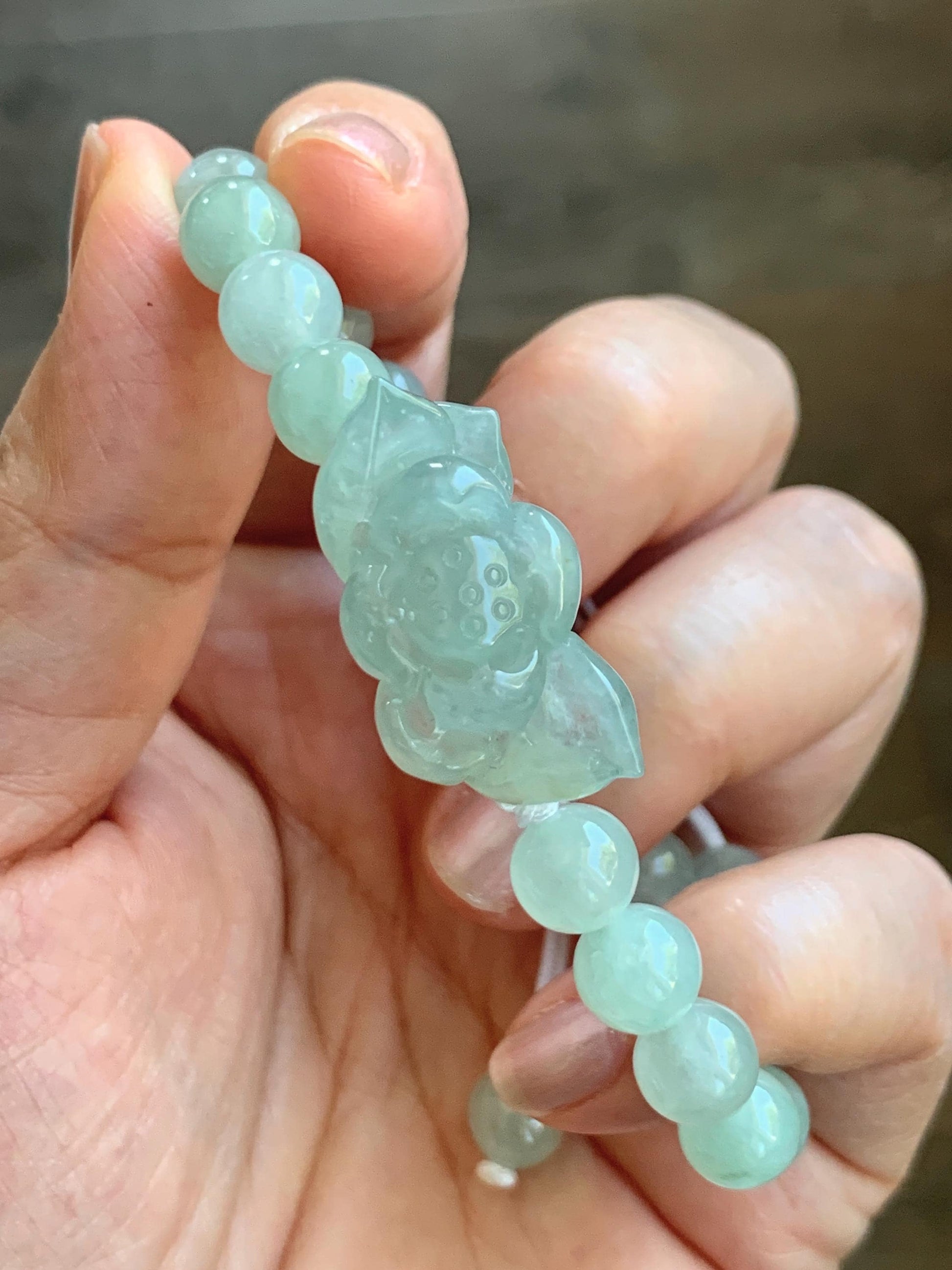 Natural Grade A Icy Highly Translucent Pastel Green Jade Jadeite Lotus Flower Beaded Bracelet 6.75" 23g 天然冰胶晴色翡翠莲花圆珠手串 MQL132