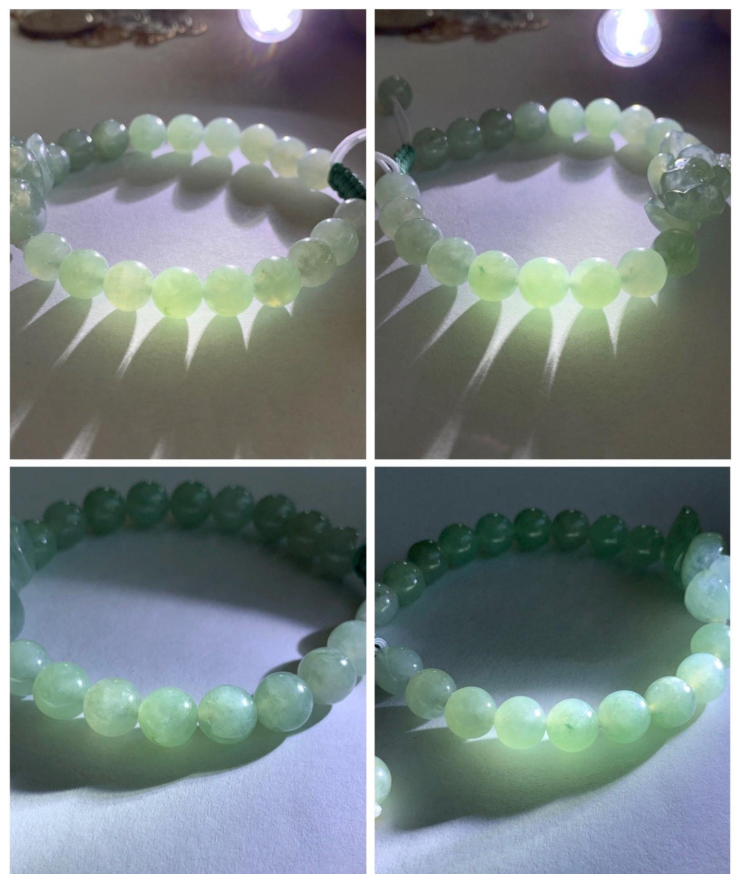Natural Grade A Icy Highly Translucent Pastel Green Jade Jadeite Lotus Flower Beaded Bracelet 6.75" 23g 天然冰胶晴色翡翠莲花圆珠手串 MQL132