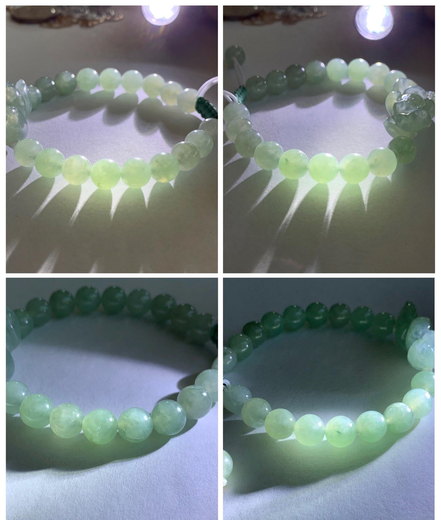 Natural Grade A Icy Highly Translucent Pastel Green Jade Jadeite Lotus Flower Beaded Bracelet 6.75" 23g 天然冰胶晴色翡翠莲花圆珠手串 MQL132