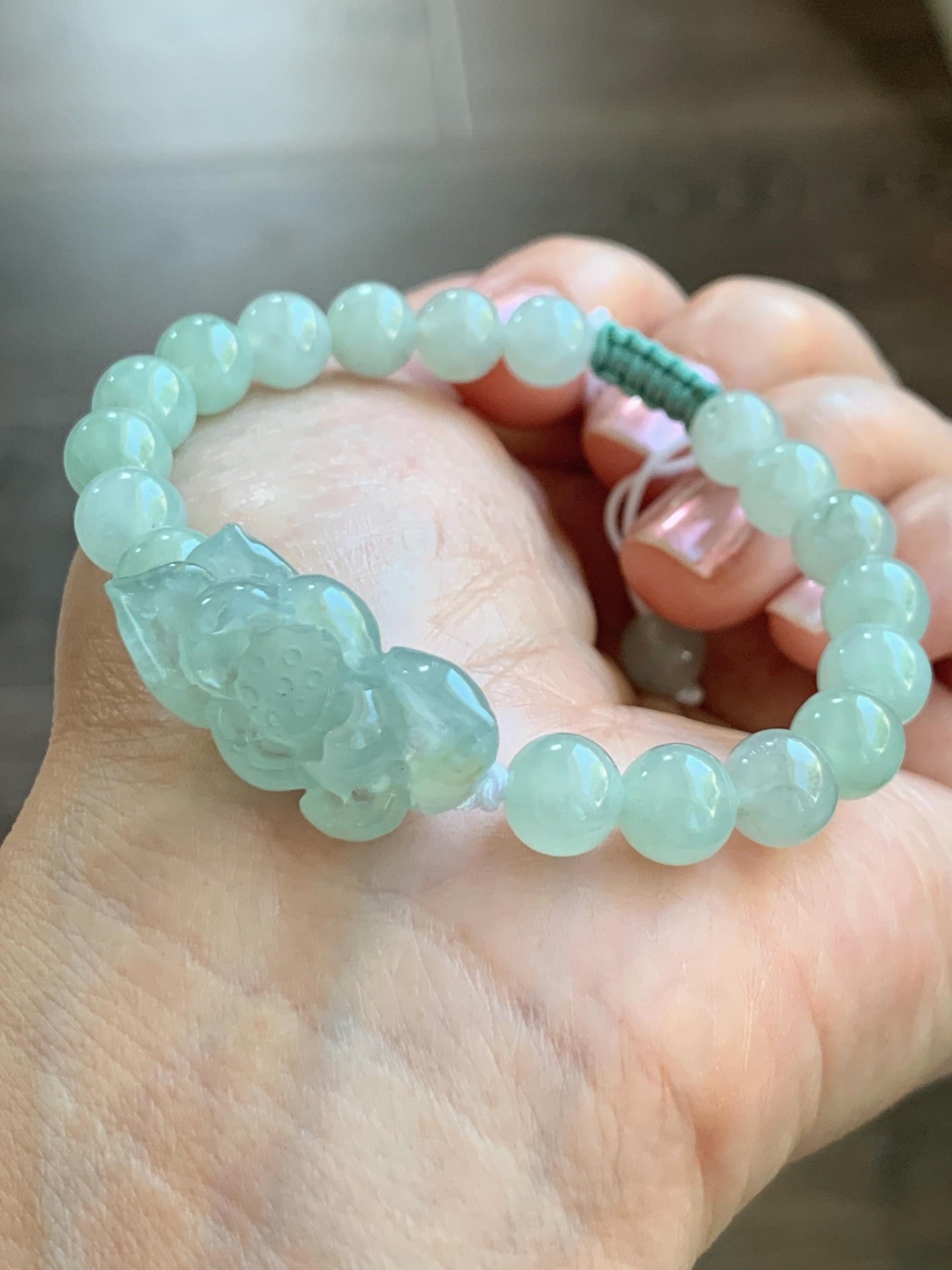 Natural Grade A Icy Highly Translucent Pastel Green Jade Jadeite Lotus Flower Beaded Bracelet 6.75" 23g 天然冰胶晴色翡翠莲花圆珠手串 MQL132
