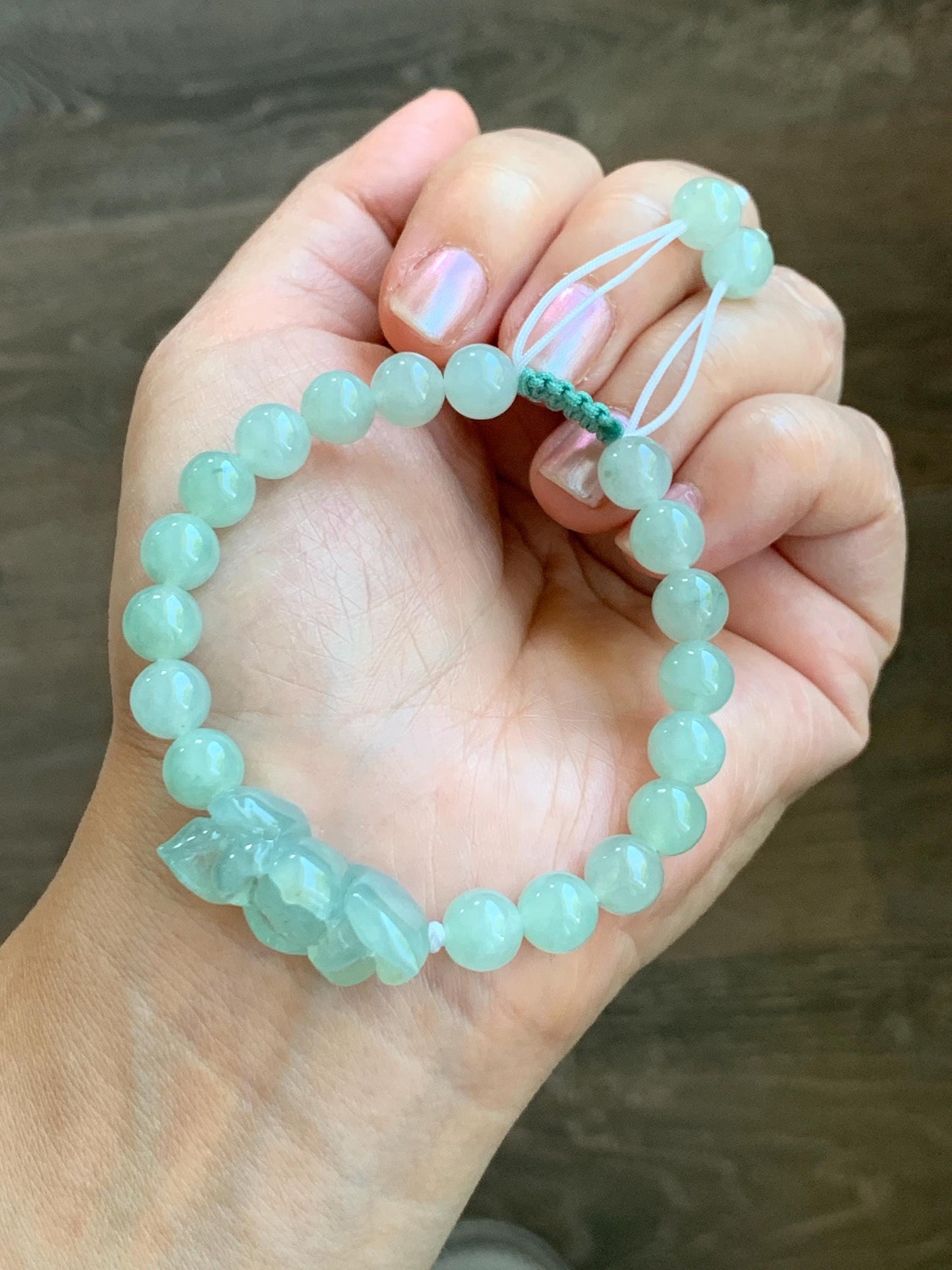 Natural Grade A Icy Highly Translucent Pastel Green Jade Jadeite Lotus Flower Beaded Bracelet 6.75" 23g 天然冰胶晴色翡翠莲花圆珠手串 MQL132