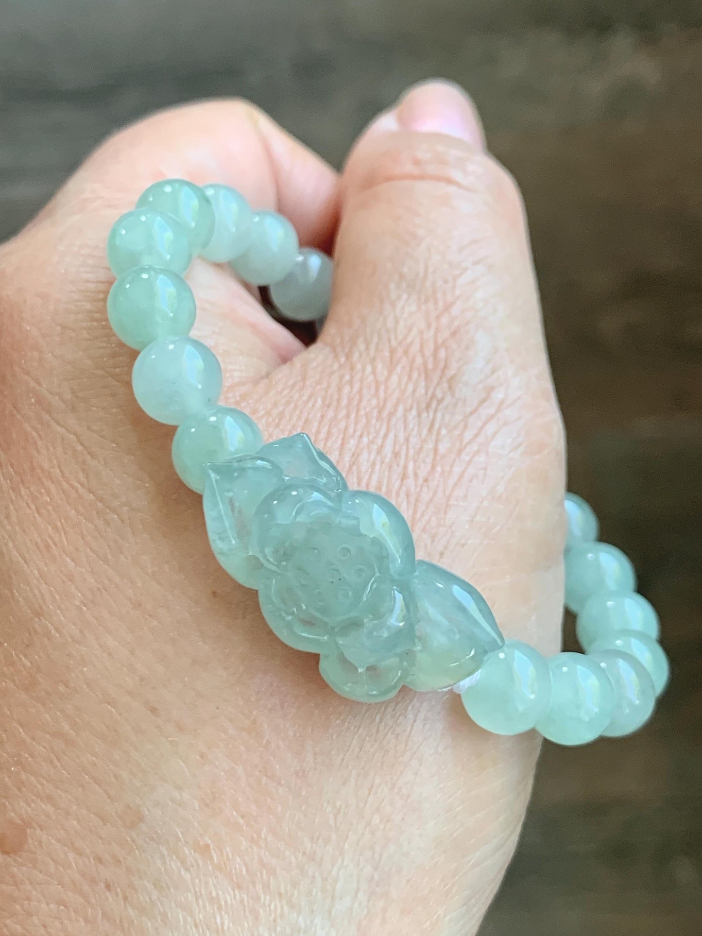 Natural Grade A Icy Highly Translucent Pastel Green Jade Jadeite Lotus Flower Beaded Bracelet 6.75" 23g 天然冰胶晴色翡翠莲花圆珠手串 MQL132