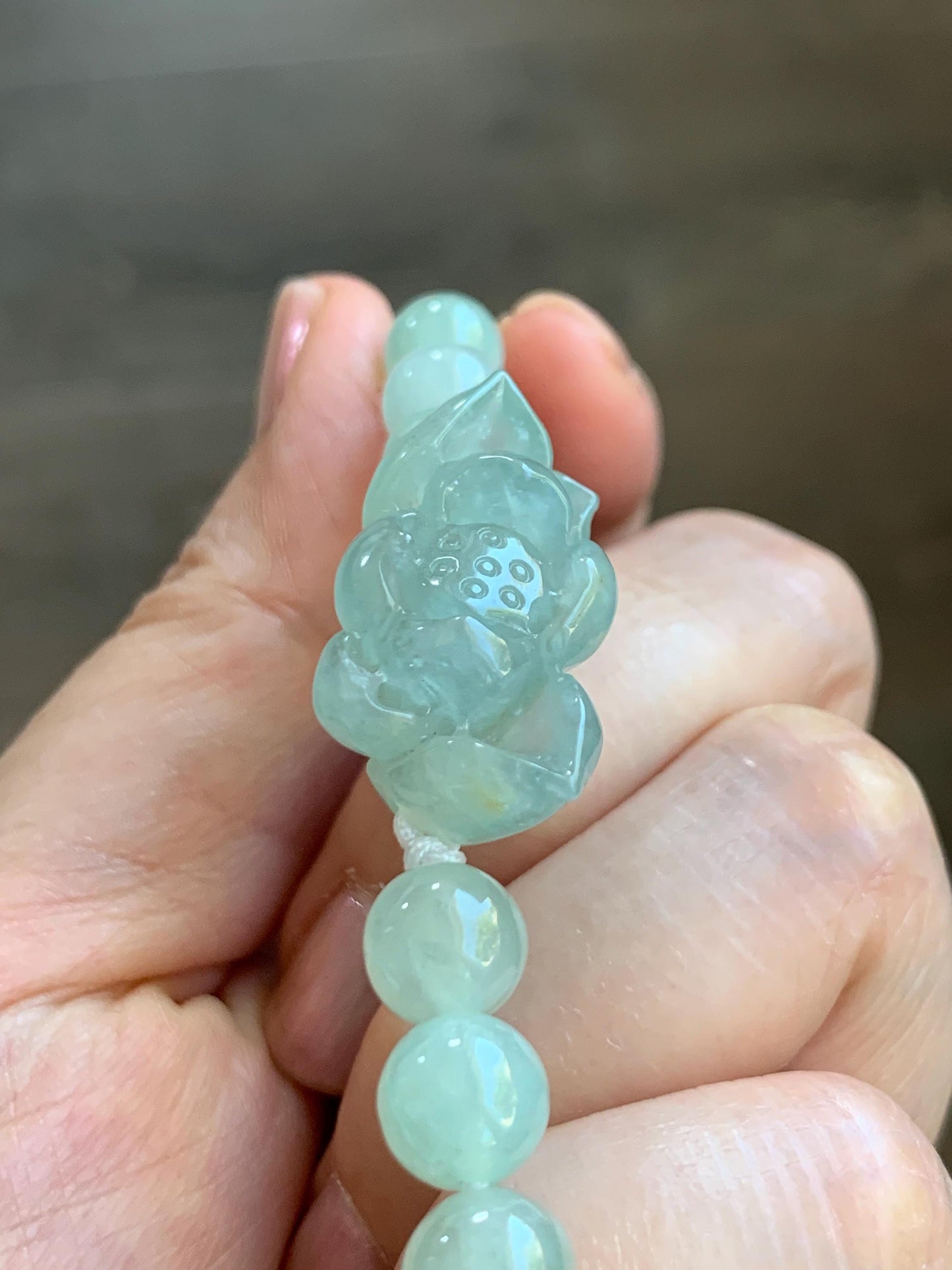 Natural Grade A Icy Highly Translucent Pastel Green Jade Jadeite Lotus Flower Beaded Bracelet 6.75" 23g 天然冰胶晴色翡翠莲花圆珠手串 MQL132