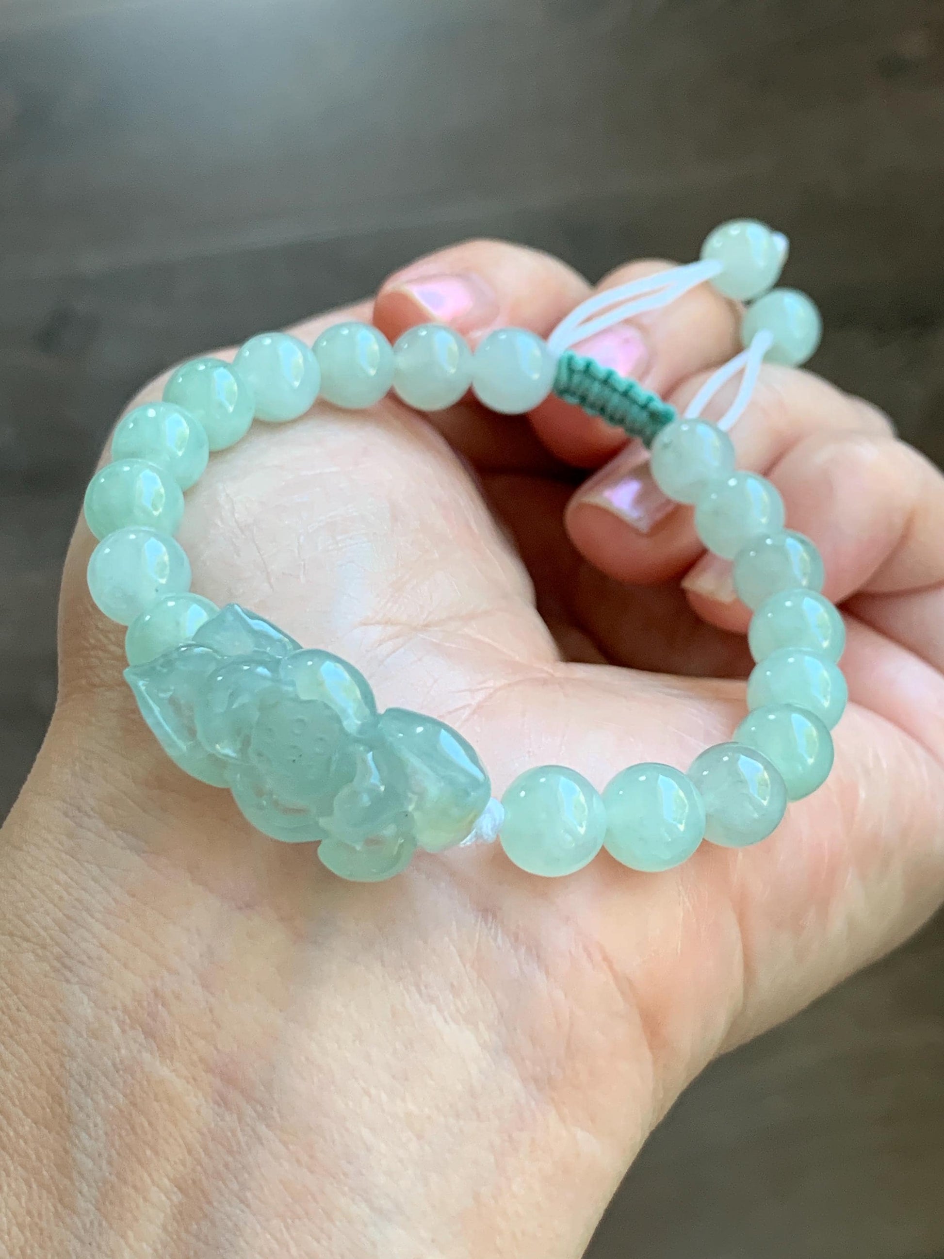 Natural Grade A Icy Highly Translucent Pastel Green Jade Jadeite Lotus Flower Beaded Bracelet 6.75" 23g 天然冰胶晴色翡翠莲花圆珠手串 MQL132