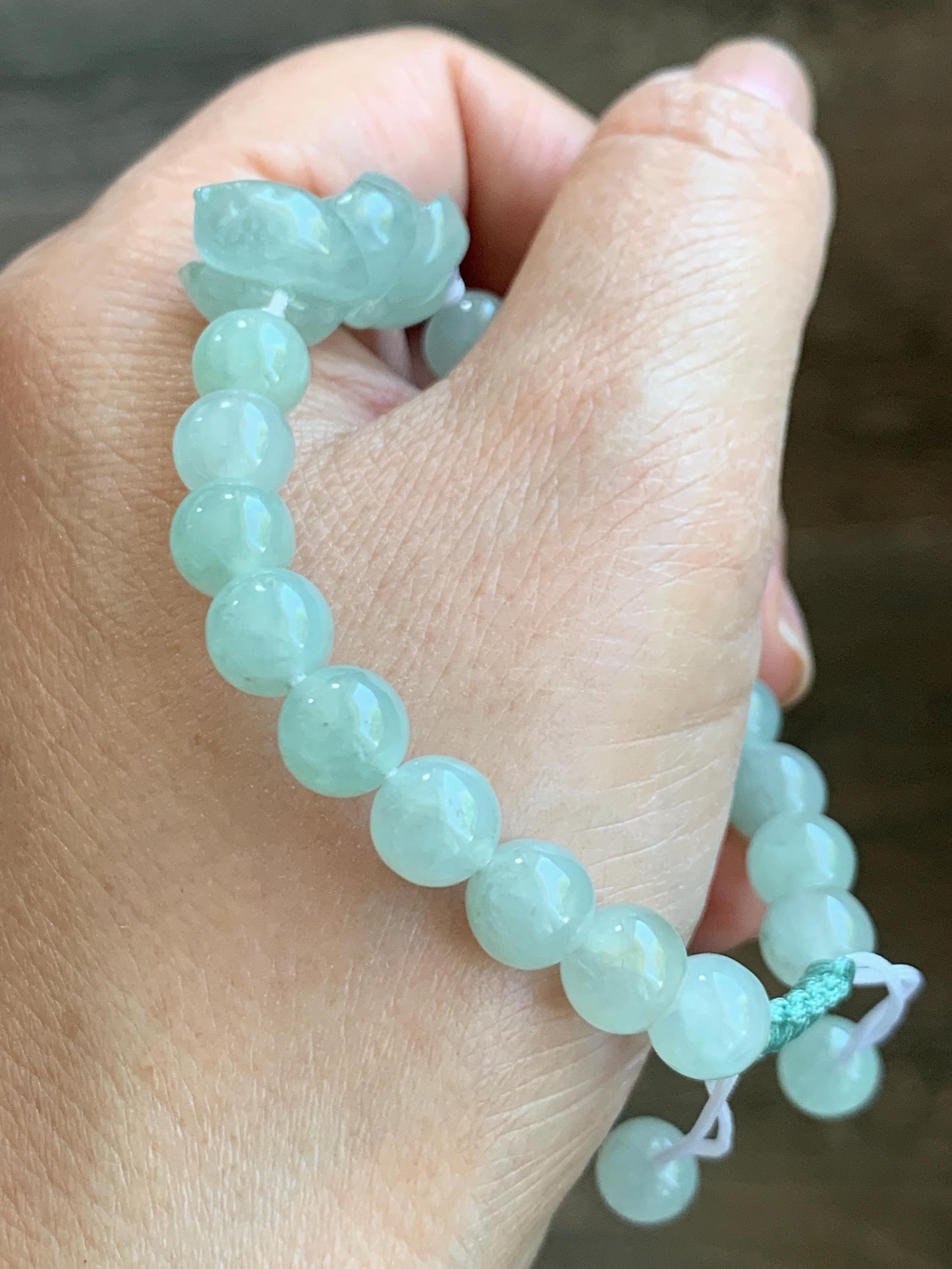 Natural Grade A Icy Highly Translucent Pastel Green Jade Jadeite Lotus Flower Beaded Bracelet 6.75" 23g 天然冰胶晴色翡翠莲花圆珠手串 MQL132